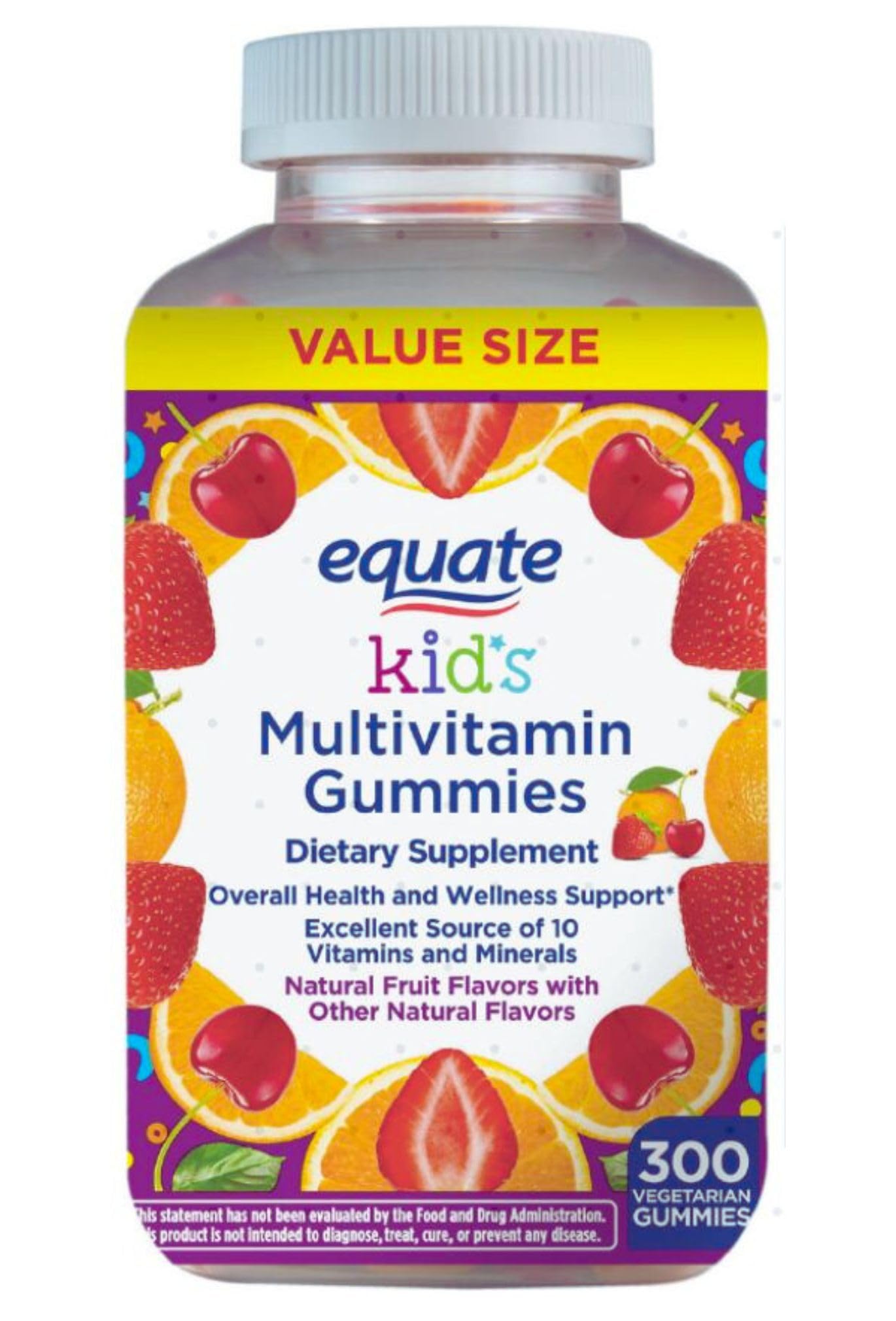 Equate Kid's Multivitamin Gummies for Above 2 Years Children General Health, Natural Fruit,Value Size 300 Count.