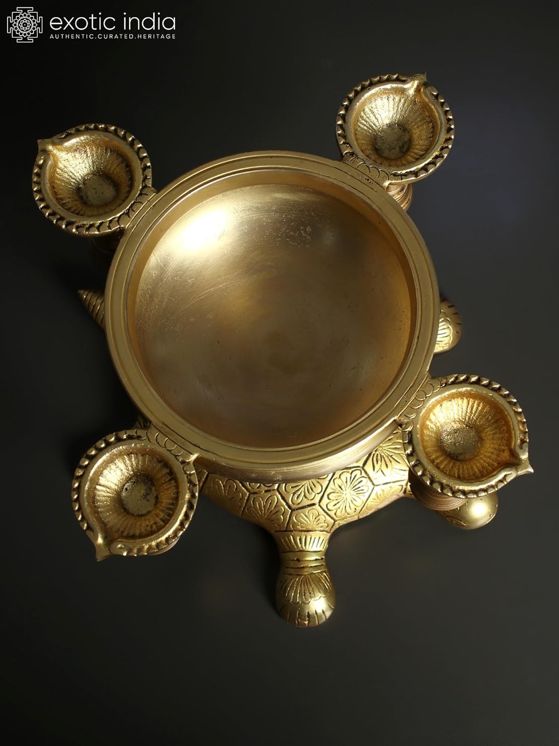 Exotic India 11" Brass Four Wicks Urli Oil Lamp with Bells on Tortoise Bottom for Pooja Room Diya, Home Decor, Office, Table Decoration