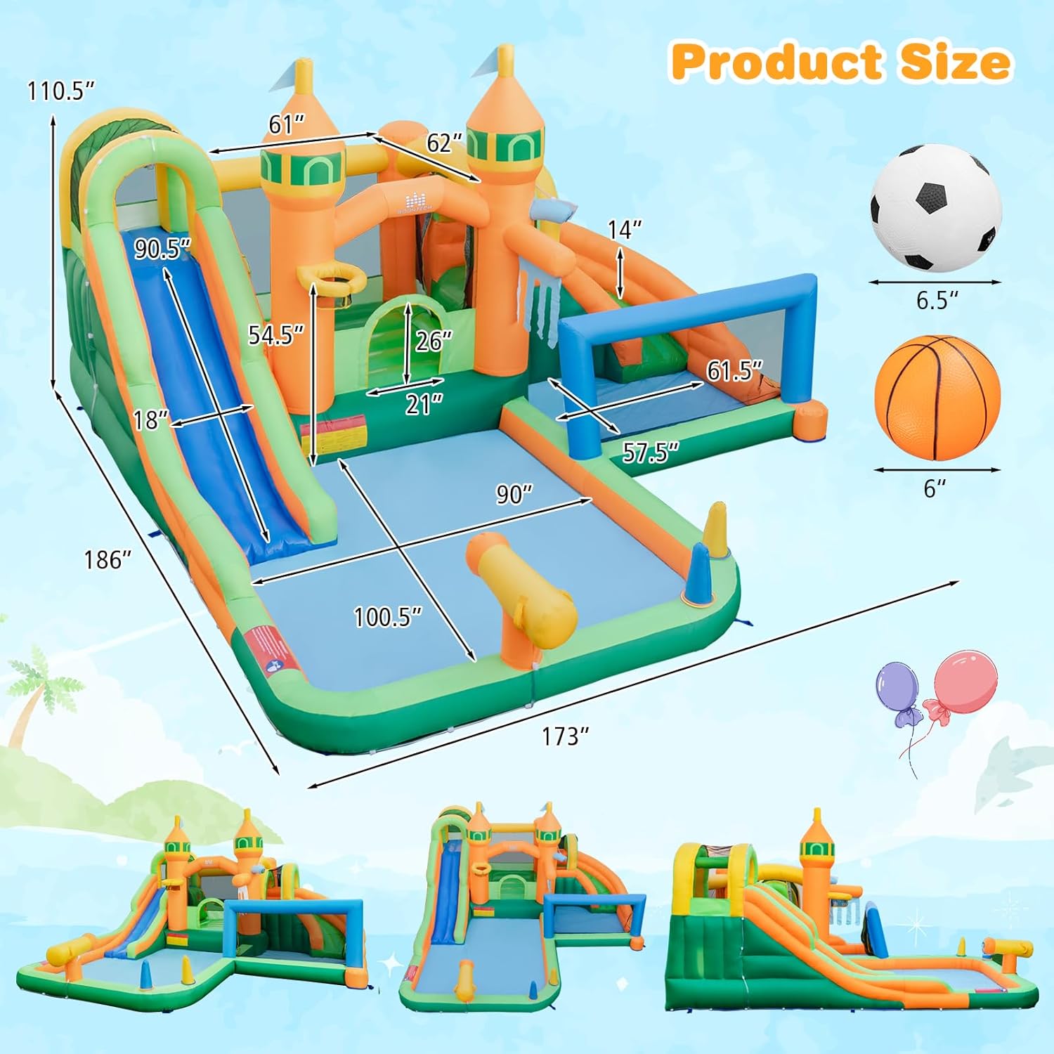 OLAKIDS Inflatable Water Slide, 9 in 1 Bounce House Water Park with Soccer Gate 2 Slides Splash Pool Water Gun Basketball Rim, Outdoor Inflatable Obstacle Course for Kids Backyard (Without 735W)