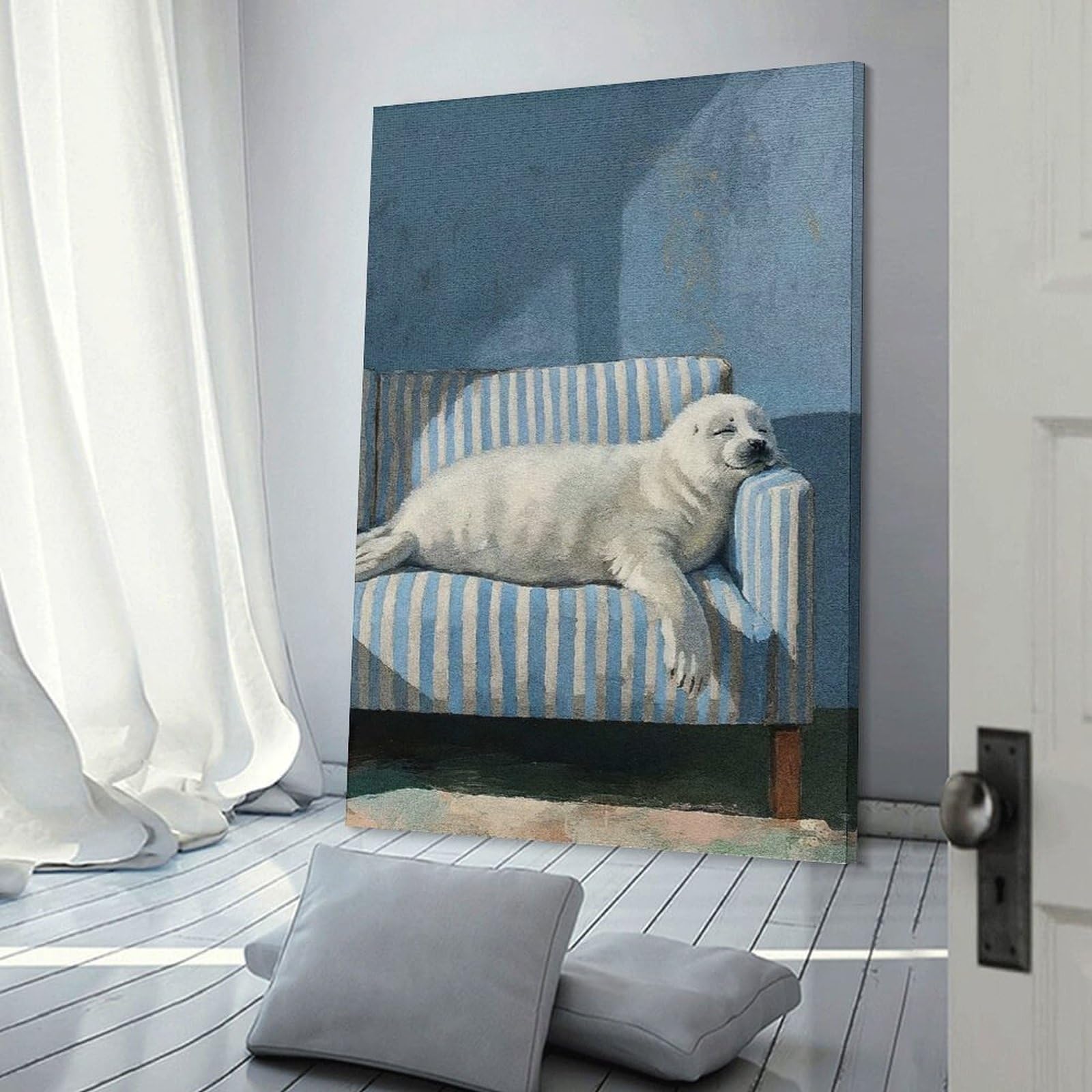 Junmoney Frame-Style-14 Sleeping Seal Pup On Striped Couch Home Decor Wall Art 16X24inch(40X60cm), For Bedroom, Guest Room Or Reading Nook, Decorative Wall Art For Cosy Rooms