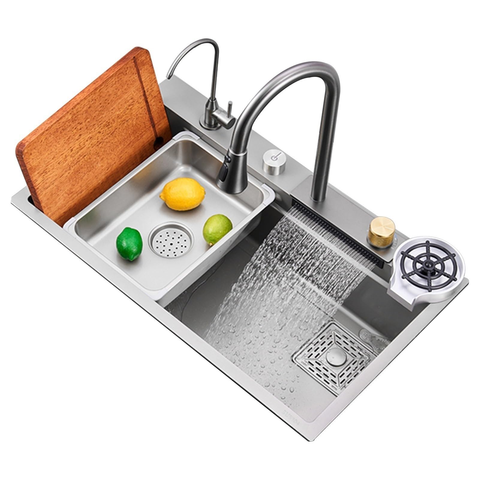ZQFHSX Waterfall kitchen sink, 304 stainless steel single bowl inset dual hot and cold controls, countertop control, pull-out faucet, multiple accessories.(Gray,85 * 45 22cm)