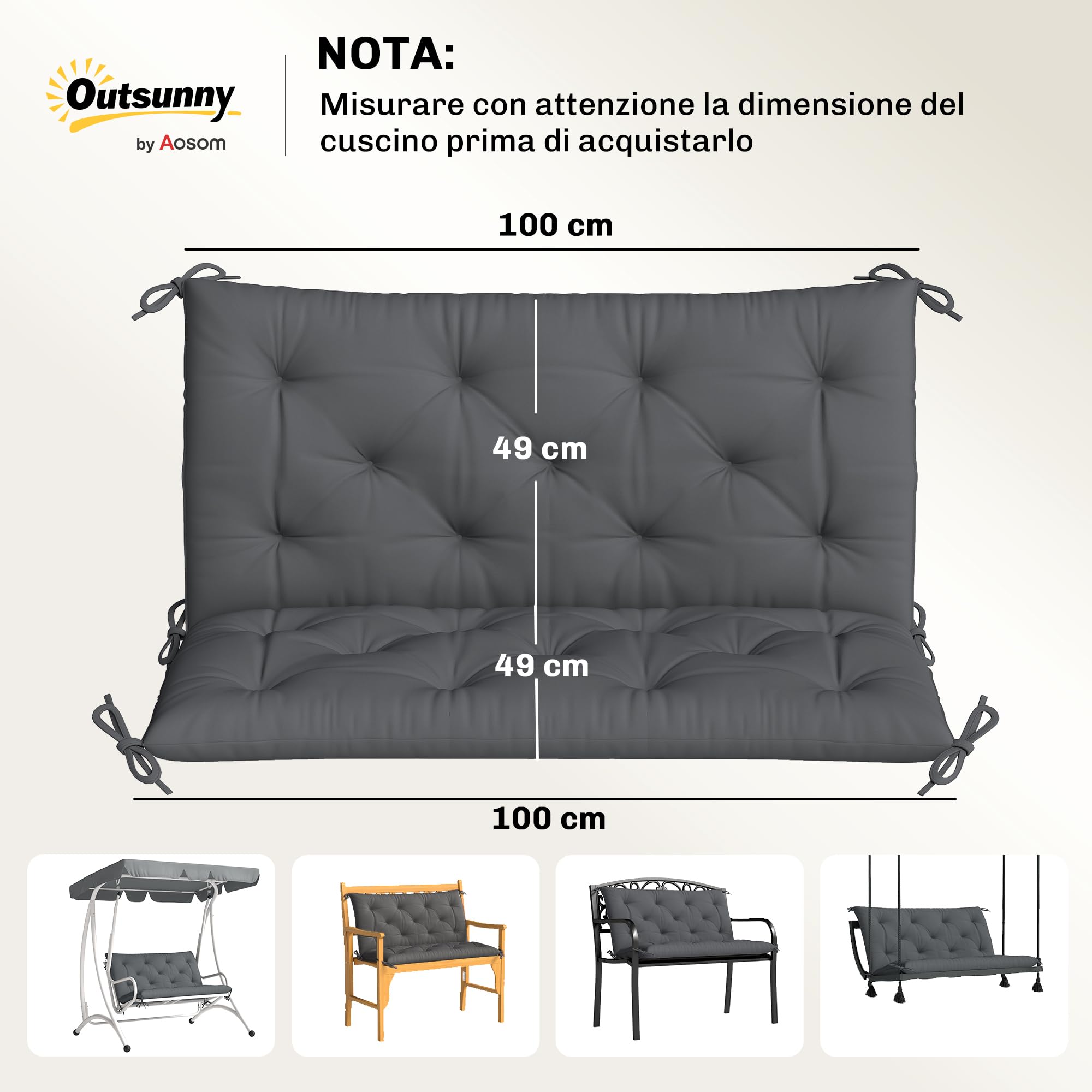 Outsunny Cuscino da Giardino Moderno per Sedute da Esterno con 6 Lacci, Cuscino da Esterno Imbottito in Cotone e Poliestere, per Divani Dondoli Panche, 100x98x8 cm, Grigio Scuro