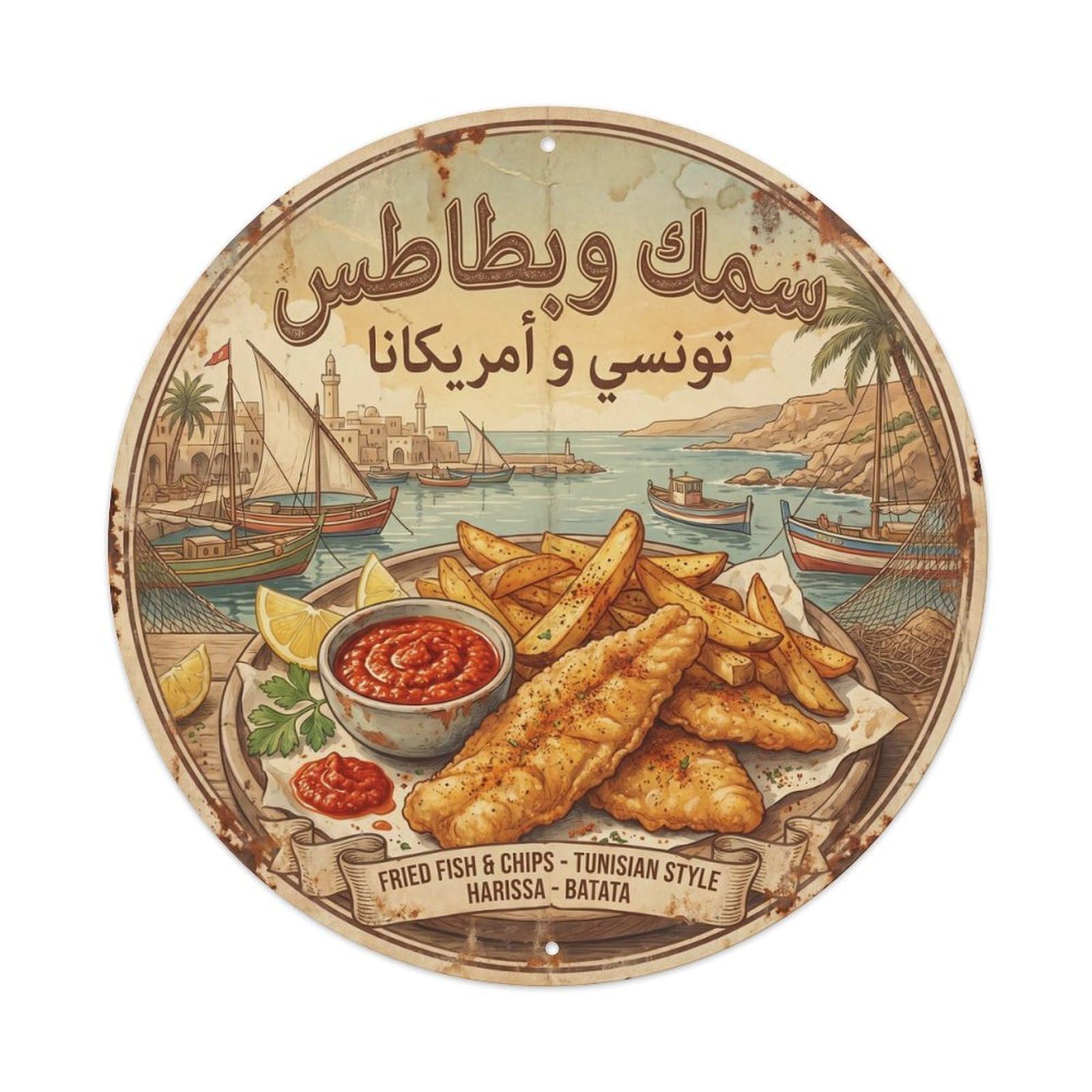 Tunisia Culture Fish And Chips Seafood Retro Diner Metal Tin Sign