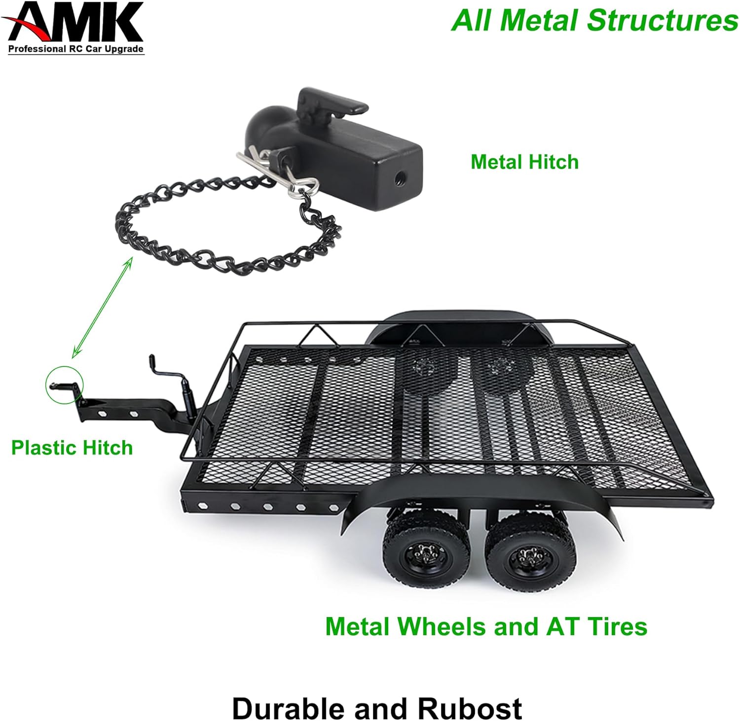 AMK Metal 1/10 Scale RC Trailer for Hauling Behind Cars with Truck Hitch and Receiver Towing Strap Builer Kit for Axial SCX10 90046 TRX4 TRX6 Gen7 Gen8 Gift
