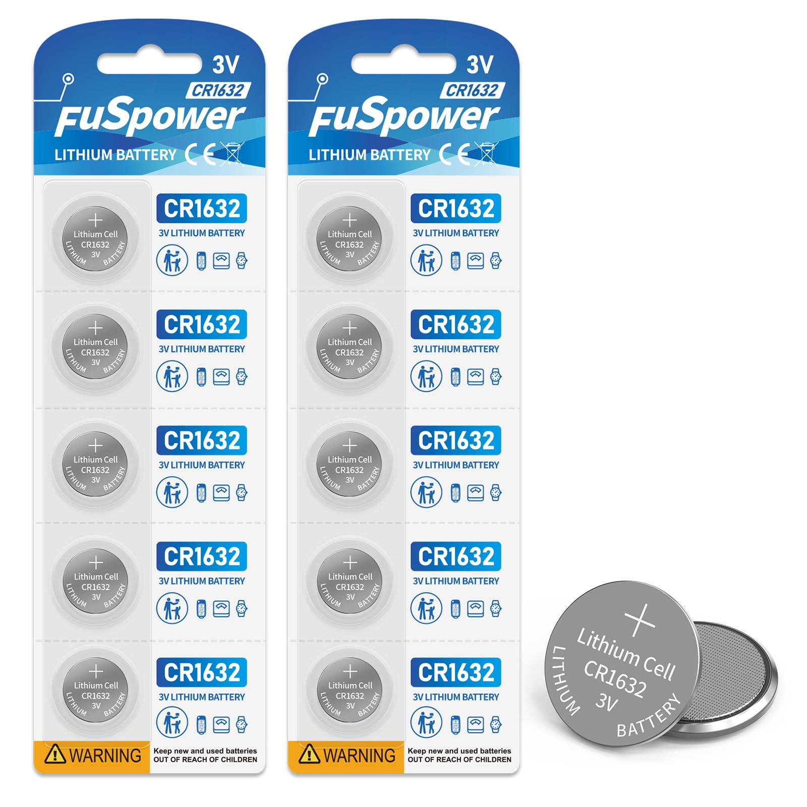 Fuspower CR1632 Battery CR1632 Lithium Batteries 3V for Car Key Fob Alarm Sensors Fan Remote 10 Count (Pack of 1)
