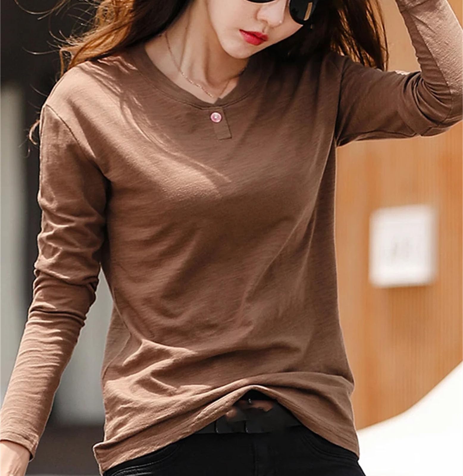 T-shirt da donna a maniche lunghe in cotone con bottoni verde scollo a V T-shirt tinta unita morbida top allentato