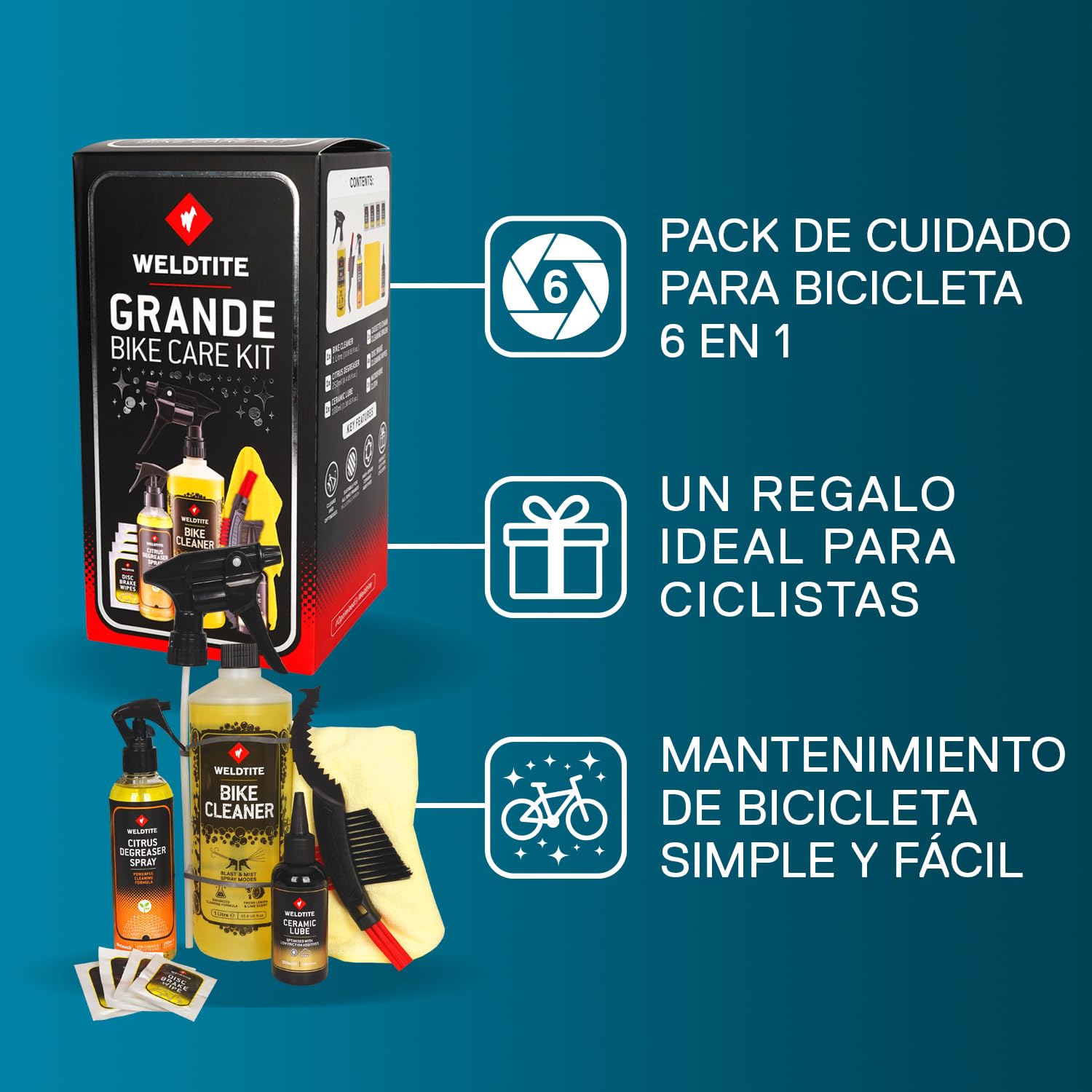 WELDTITE Kit de cuidado de bicicletas 6 en 1 Grande Kit completo de limpieza y mantenimiento con limpiador, desengrasante, lubricante, cepillos, toallitas y paño de limpieza