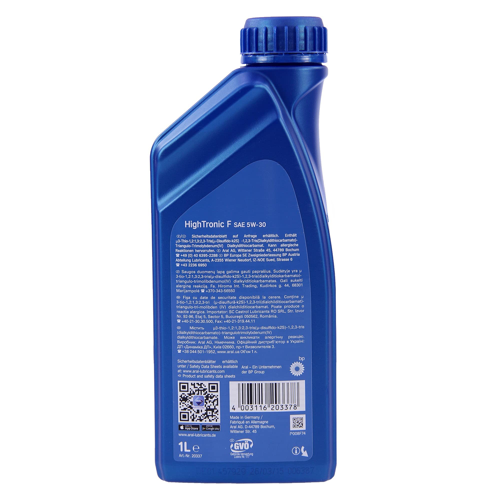 4x 1 L Liter ARAL HighTronic F 5W-30 Motoröl inkl. Ölwechselanhänger