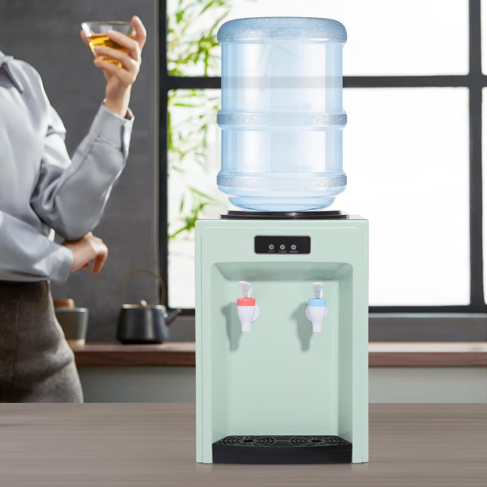 Dispensador de agua, Sistema de ósmosis de sobremesa, Dispensador de bebidas con grifos, Plástico y metal, Temperatura 15-90°C, Sin adaptador de botella (Verde)