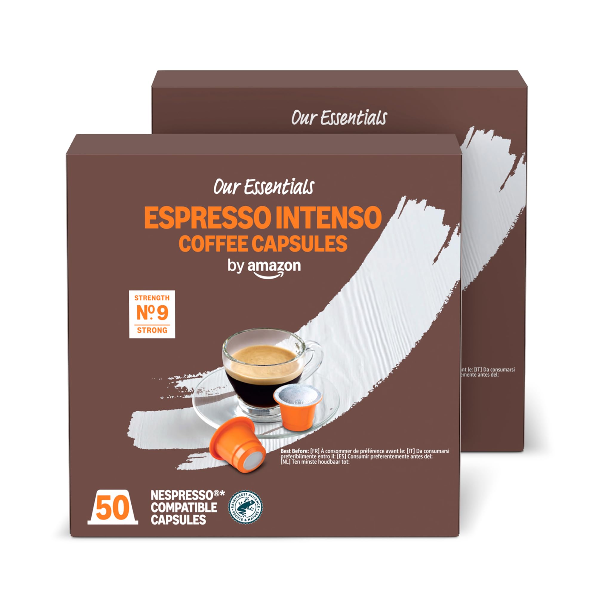 by Amazon Espresso Intenso Plastic Coffee Capsules Nespresso Compatible, Dark Roast, 100 Count (2 Packs of 50) - Rainforest Alliance Certified