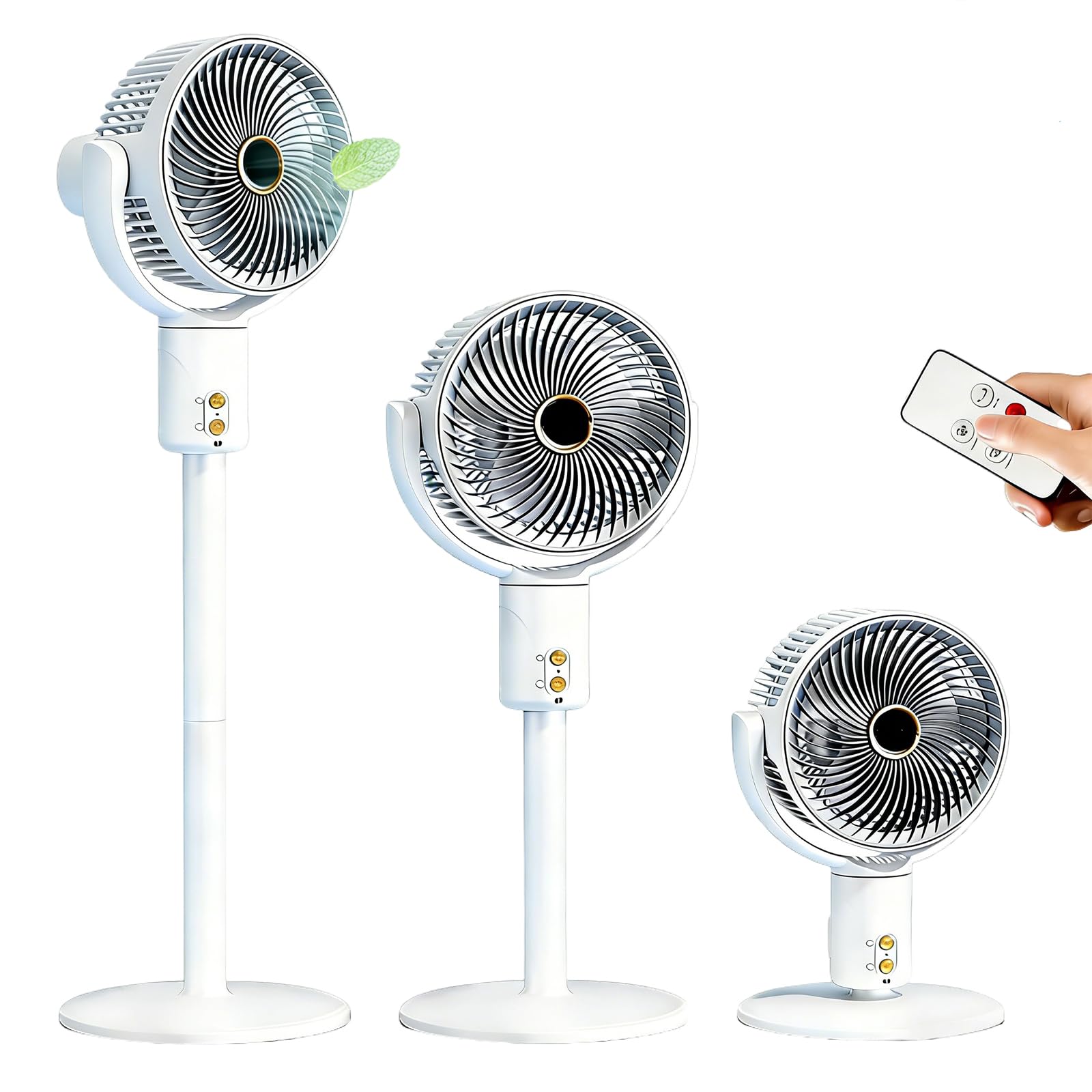 Ventilatore a piantana silenzioso, 3 altezze regolabili, 5 velocità e orientamento 360°, ricaricabile, per uso a terra o su tavolo, con telecomando