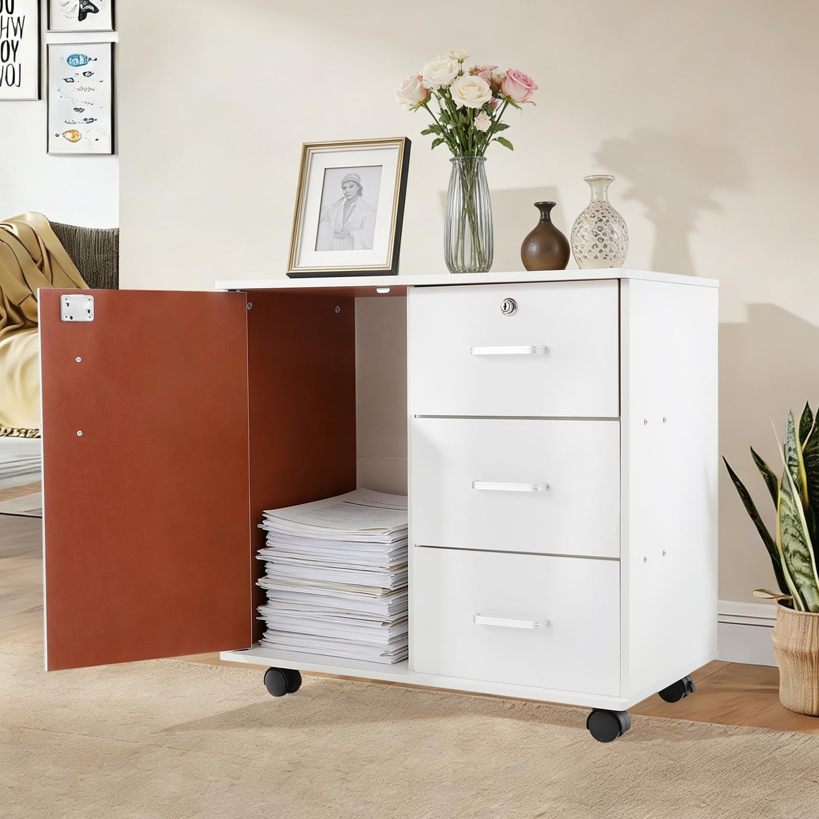 Cassettiera con 3 cassetti e anta da 60 cm, bianco caldo | Per ufficio e soggiorno, 3 cassetti + porta, 4 ruote, portata fino a 60 kg, compatto