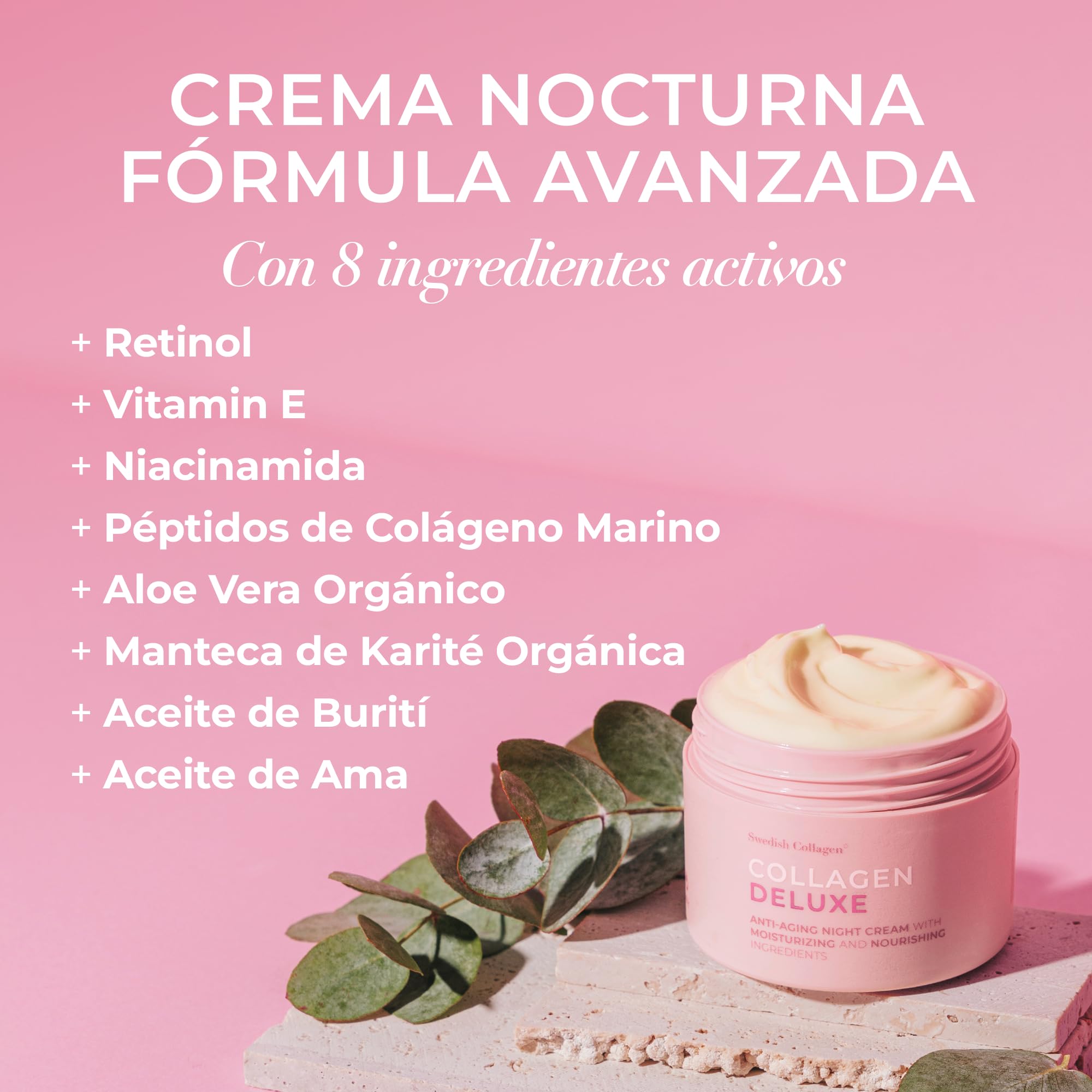Swedish Collagen Deluxe, 2 x 50 ml | Cremas antiedad de día y de noche (1 de cada una) con retinol, péptidos, vitamina E, niacinamida y aloe vera | Hidratante y tratamiento facial para la