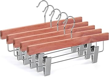 TOPIA HANGER 10 Pack American Red Cedar Natural Wooden Pants Skirt Slacks Bottoms Jeans Hangers with Metal Anti-Wrinkle Adjustable Clips, 360 Stronger Chrome Hooks, CT07P