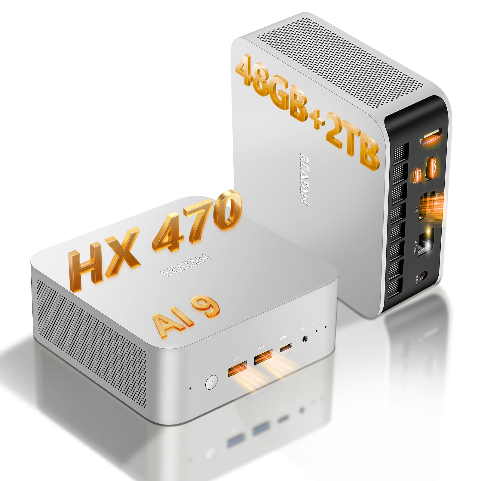 Reatan X8 Mini-PC,avec AMD Ryzen AI 9 HX-470 (12C/ 24T, Max 5,2 GHz),48Go DDR5,2To SSD PCIe 4.0,Radeon 890M,Ordinateurs Mini en Aluminium,OCuLink,2X USB4,4K Quad-Écran,Wi-FI 7/BT5.4,2,5G LAN