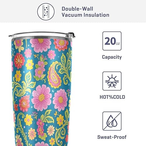 Miniatura 4 de Taza de café de acero inoxidable azul con estampado de hojas de flores vintage con pajilla, resistente a fugas, a prueba de derrames, a prueba de