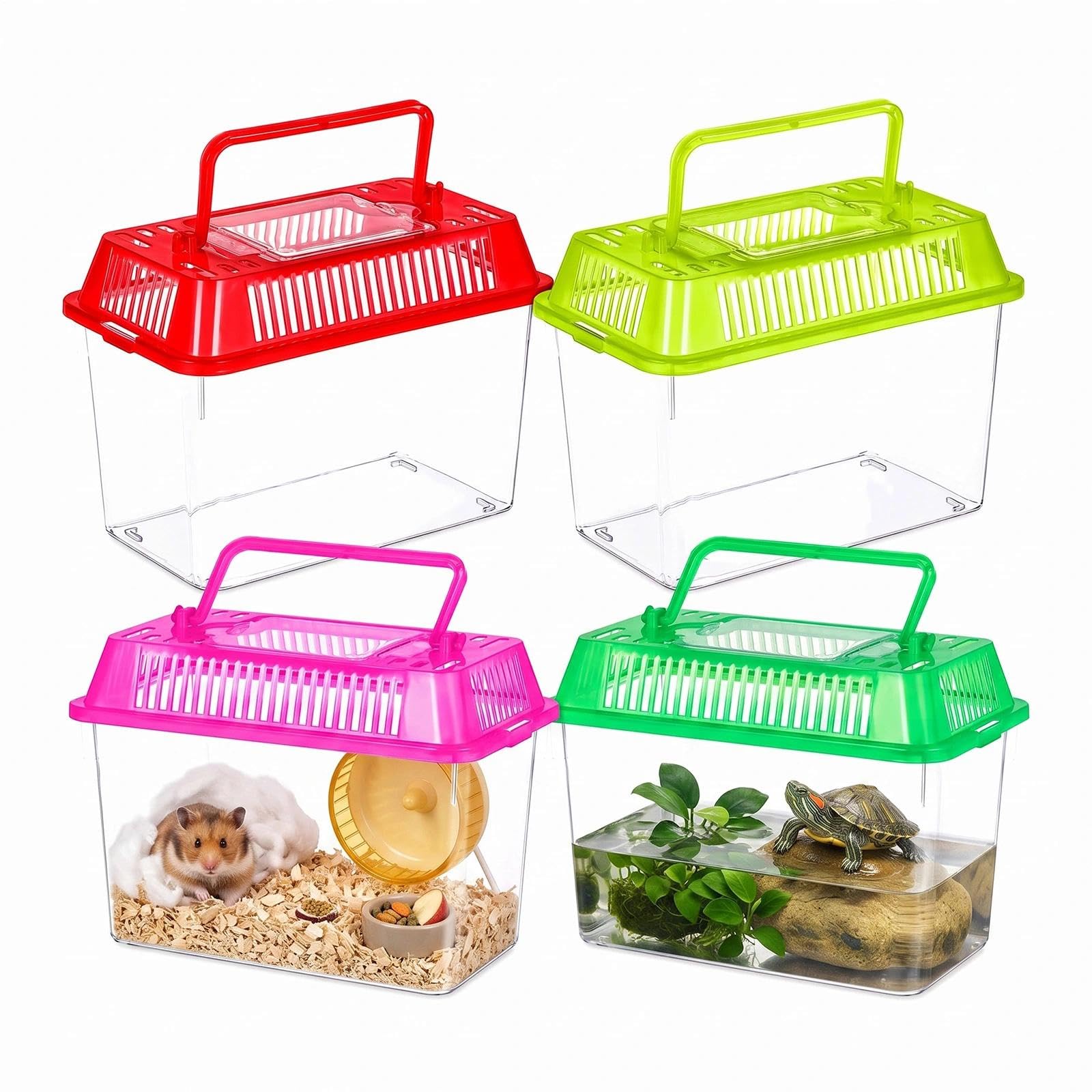 4 Pack Portable Plastic Small Fish Tank, Handheld Transparent Mini Aquarium Breeding Box with Handle, Reptile Turtle Snail Transport Container