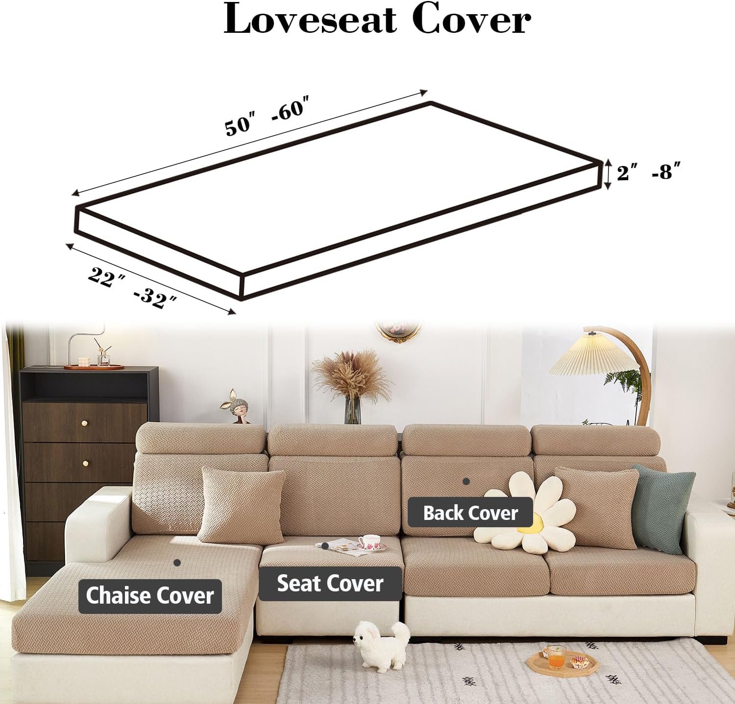 Couch Cushion Covers for Sectional Sofa, Sectional Couch Covers for Furniture, Sofa Covers Washable Stretch Sofa Slipcovers Soft,Anti Slip,Skin-Friendly for Pets (Khaki,Loveseat Cover)