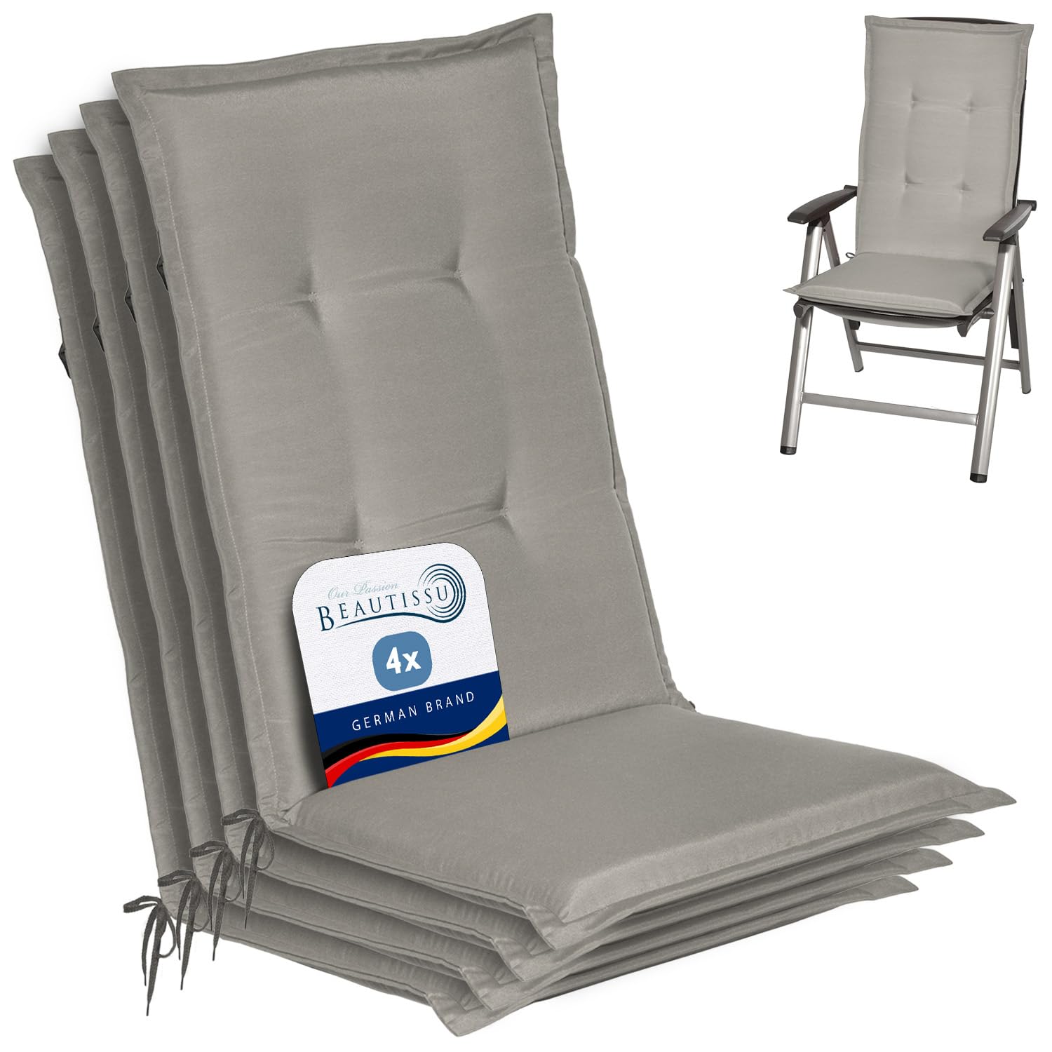 Beautissu Highback Outdoor Chair Cushions 120x50x6 cm Loft HL - Set of 4 Seat Cushions for Garden Chairs with Backs Recliner Patio Chair Sunbed Bench - Light Grey — image 1