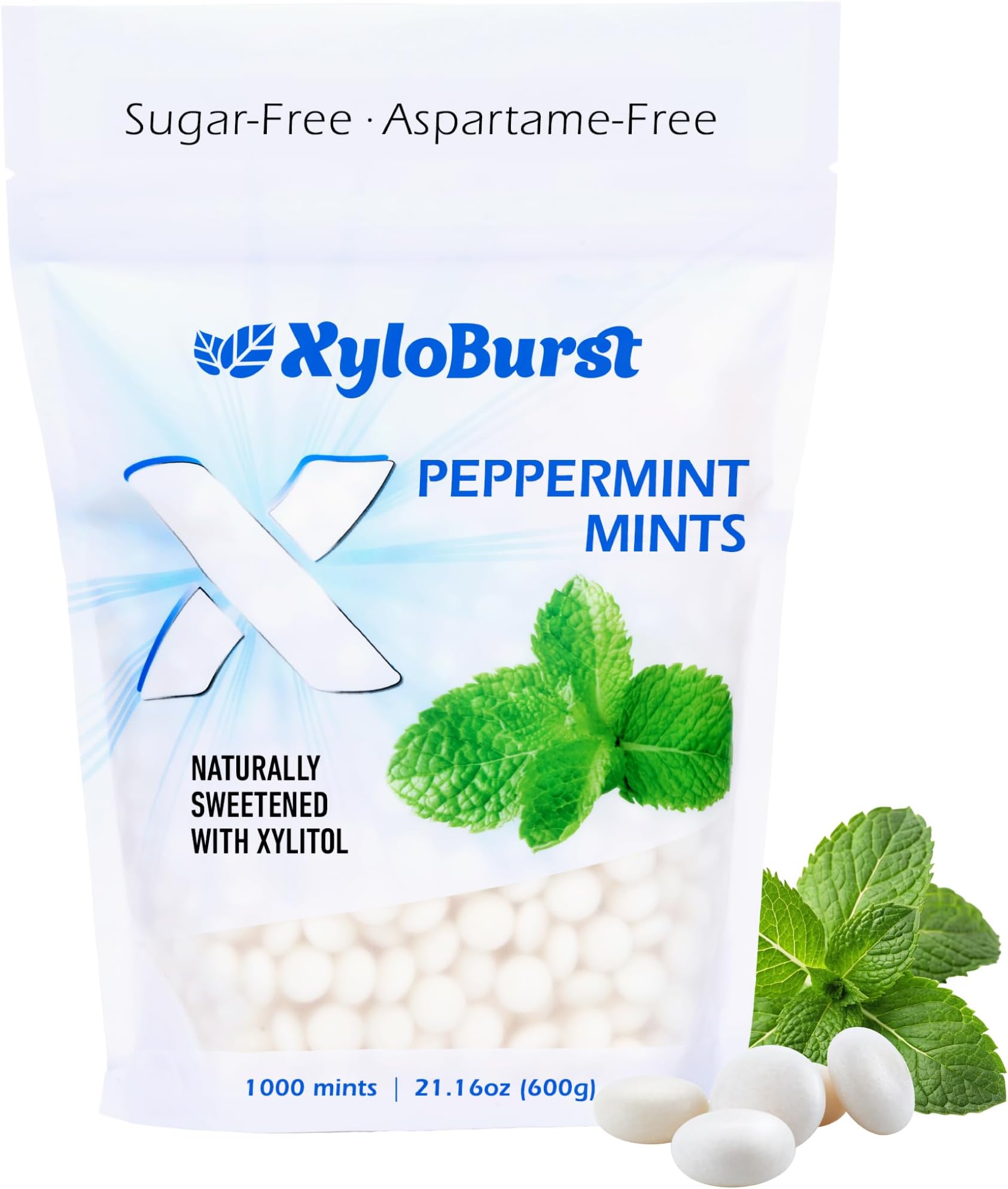 XyloBurst Xylitol Mints - Sugar Free Mints with Xylitol Candy - Aspartame Free, Gluten Free, Vegan & Keto Friendly Peppermint -1000 Count Bag