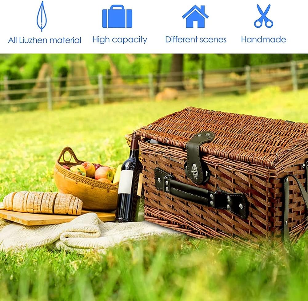 Picnic Basket Set Handmade Wicker Picnic Basket for 4 Person with Waterproof Picnic Blanket Picnic Hamper Set with Cutlery Suitable for Picnics and Camping by The Lake Beach