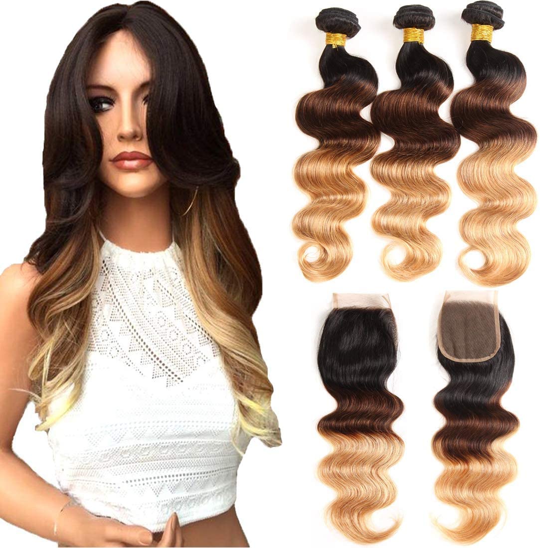 Ombre Echthaarbündel Brasilianisches Haar Körperwelle (T1B/4/27,22 24 26+20) - 3 Bündel Mit Verschluss, Jungfrau Remy Haarbündel 3 Ton Schwarz Bis Blond Echthaar Webart