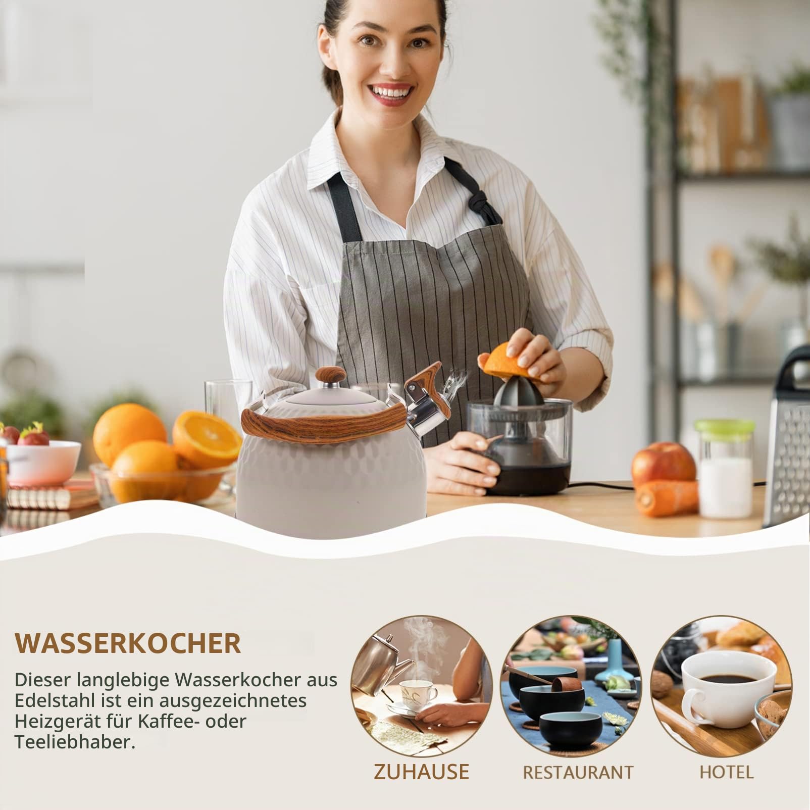 UPKOCH 2.5L Edelstahl Pfeifenkessel Wasserkessel Pfeifkessel Flötenkessel Teekessel Pfeife Wasserkocher mit Holz Pfeifton Griff Induktion Gasherd für Küche Camping Picknick Beige