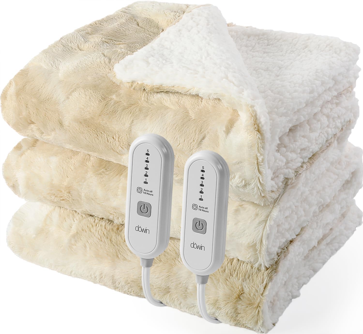 Dowin Electric Blanket King Size, Faux Fur & Sherpa Heated Blankets 100"x 90",Large Dual Controllers Warm Heating Blanket, 5 Heating Levels &10Hrs Auto Off, Over-Heat Protect (Beige) Beige King 100x90"