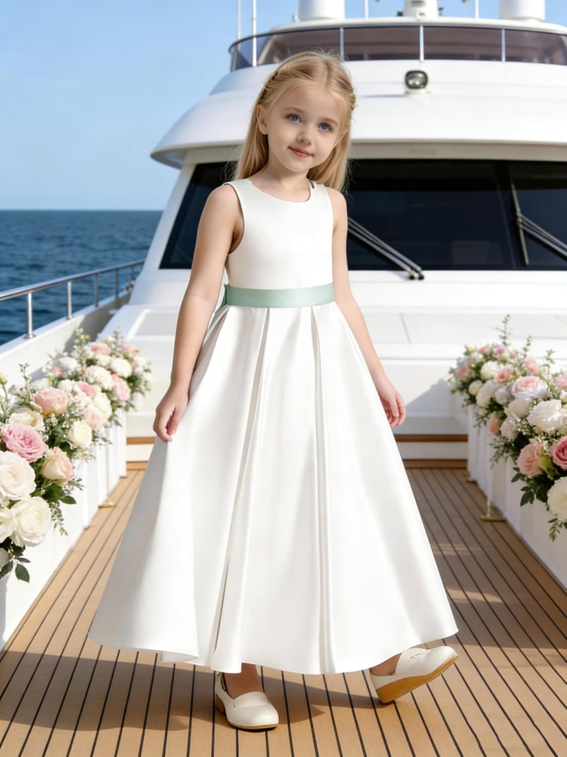 Satin Beaded Bows Long Flower Girl Dress V-Back Junior Bridesmaid Dresses，Formal Ball-Gown for Weddings，Pageants