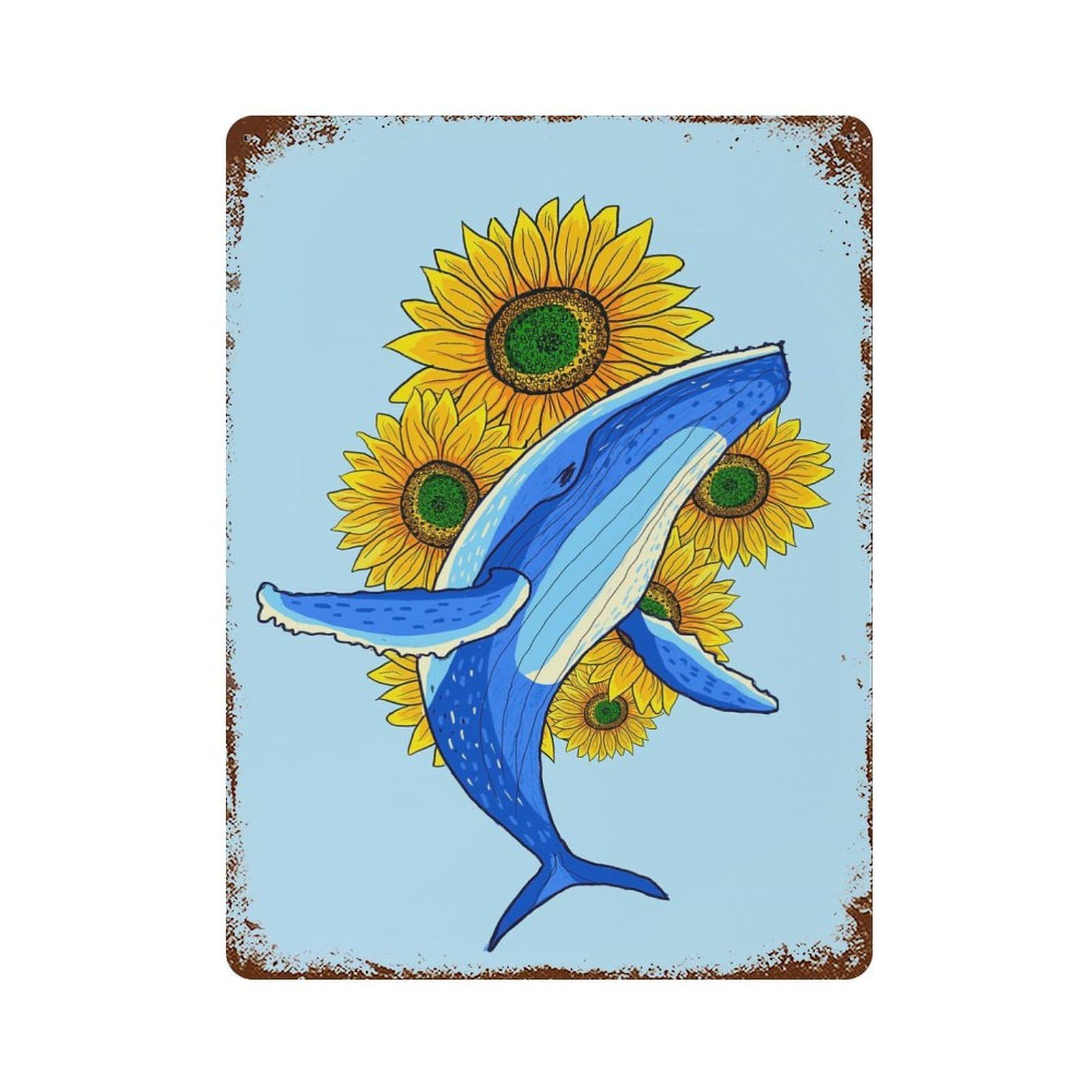 Humpback Whale And Flower 15.7"x11.8" Rusty Metal Tin Sign, Shabby Chic Decor for Bistro, Counter And Cafe Decor