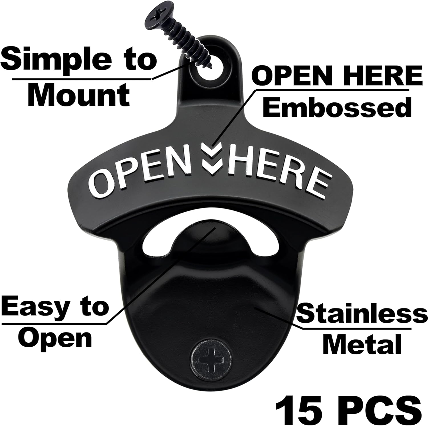 15 PCS Bulk Bottle Opener Wall Mounted Black White Beer Cap Opener Screw in Wall for Wooden Cooler Caddy