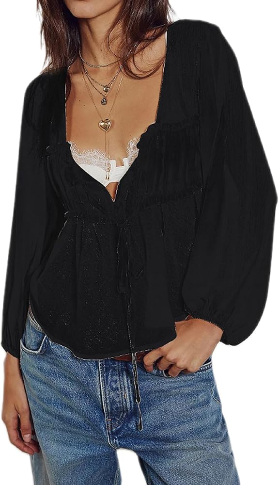 Women Long Sleeve Flowy Ruffle Tops Sheer Mesh Layered Frill Top