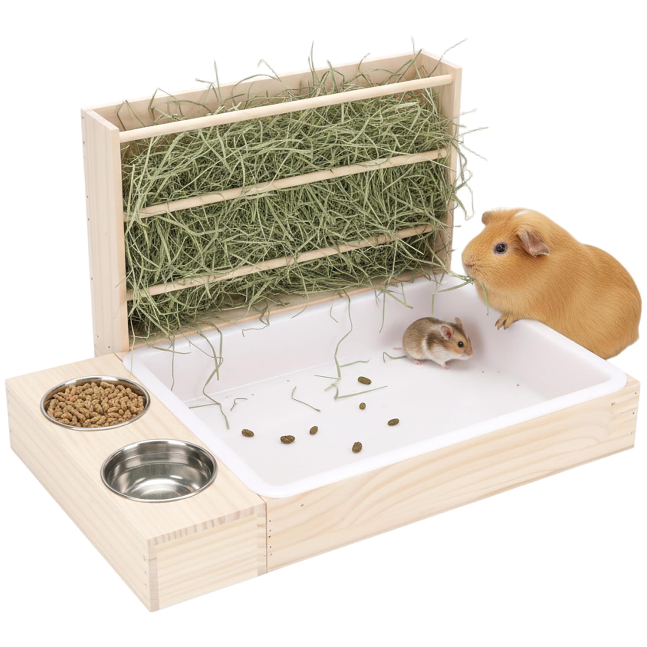 Hasen-Heu-Futterstation, Kaninchen-Heu-Futterstation mit Katzentoilette – Futternapf für Meerschweinchen aus Holz und Lebensraum für kleine Haustiere (Hasen, Wachteln, Hamster).