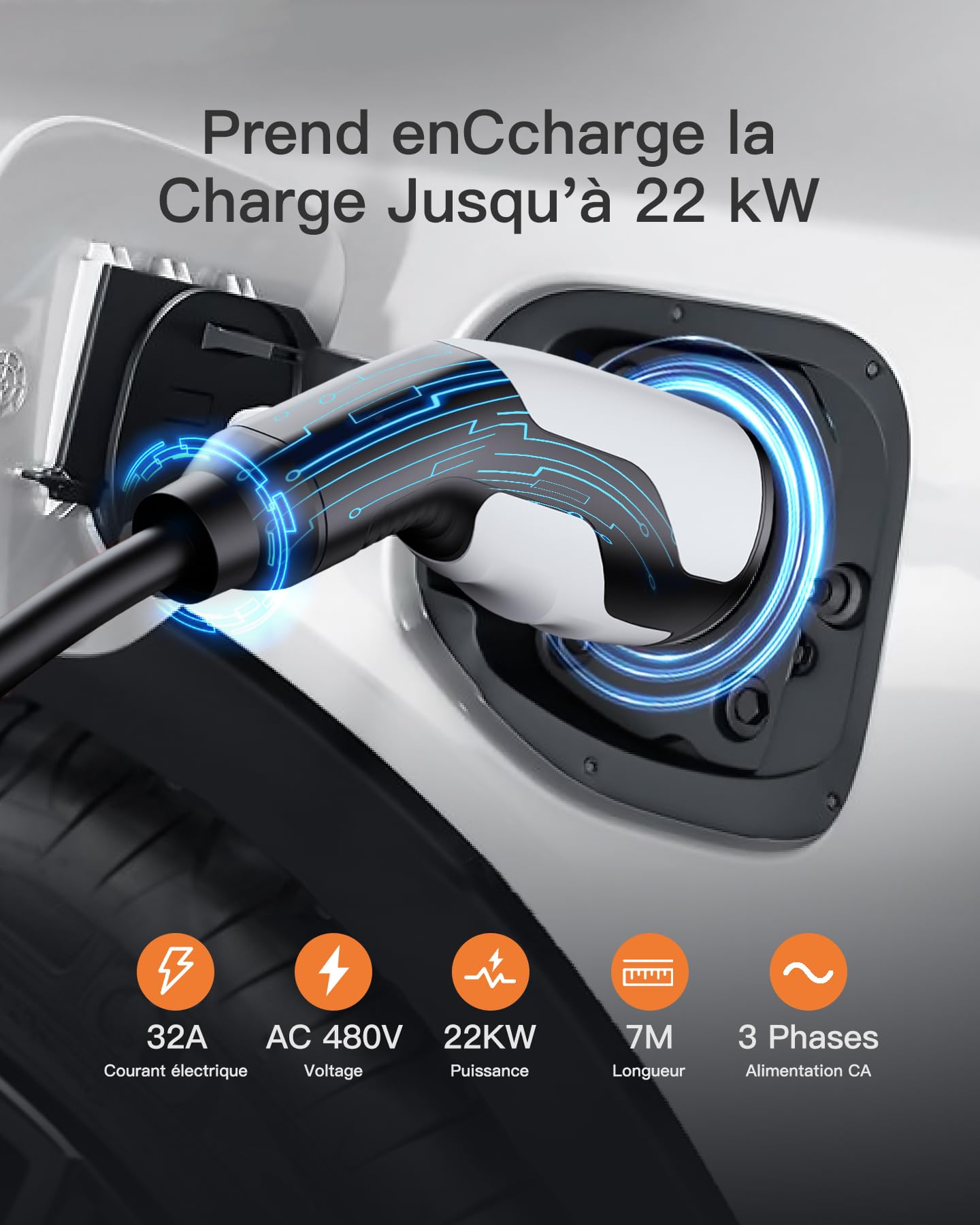 tomons Kabel do ładowania typu 2, 22 kW, 7 m, 32 A, 3-fazowy, samochód elektryczny typ 2 do EV/PHEV, typ 2 na typ 2 EV z torbą do przenoszenia i ściereczką z mikrofibry do modelu S/3/X/Y, ID.3, ID.4
