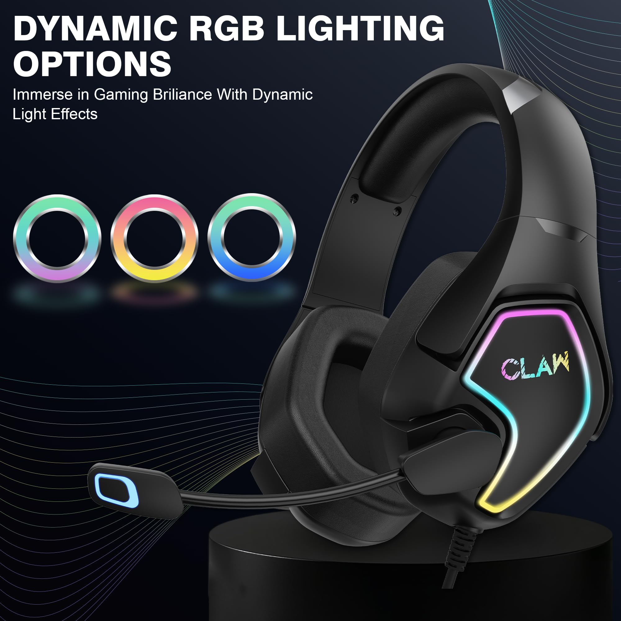 CLAW GH40 Casque de jeu filaire RVB avec pilotes de 50 mm, microphone à isolation sonore, prise audio 3,5 mm, câble tressé de 2 m, compatible avec PC, PS4, PS5, Xbox, ordinateurs portables et