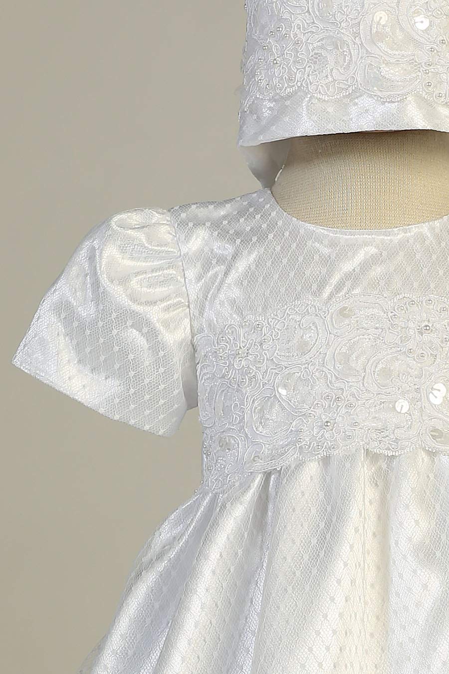 Ruby Diamond Mesh Gown w/Embroidered Lace Trim (White, 0-3 Months)