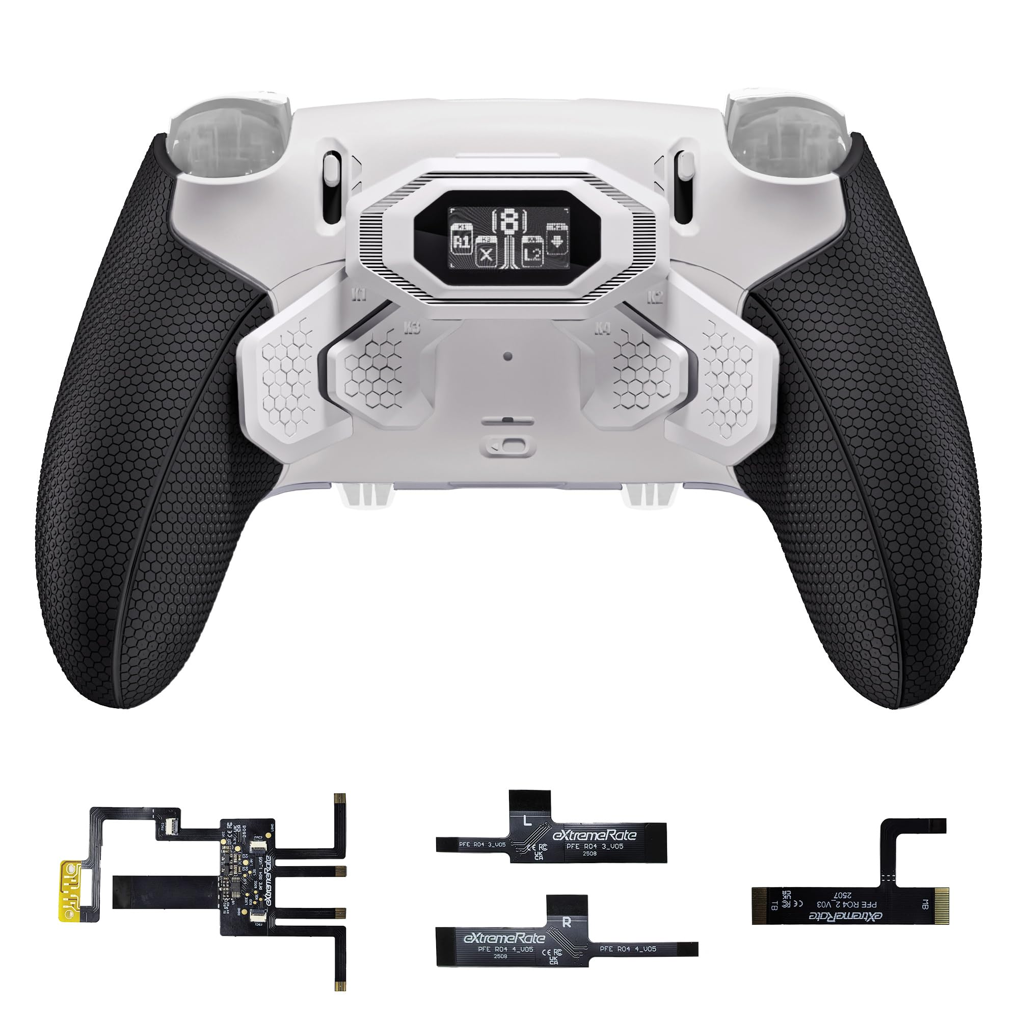 eXtremeRate BEYOND Remap Kit per ps5 Edge Controller, Display OLED, Cover Grip Ergonomici, 4 Palette Tasti Posteriori Rimappabili, Paddle Accessori per ps5 Edge Joystick, Bianco&Nero