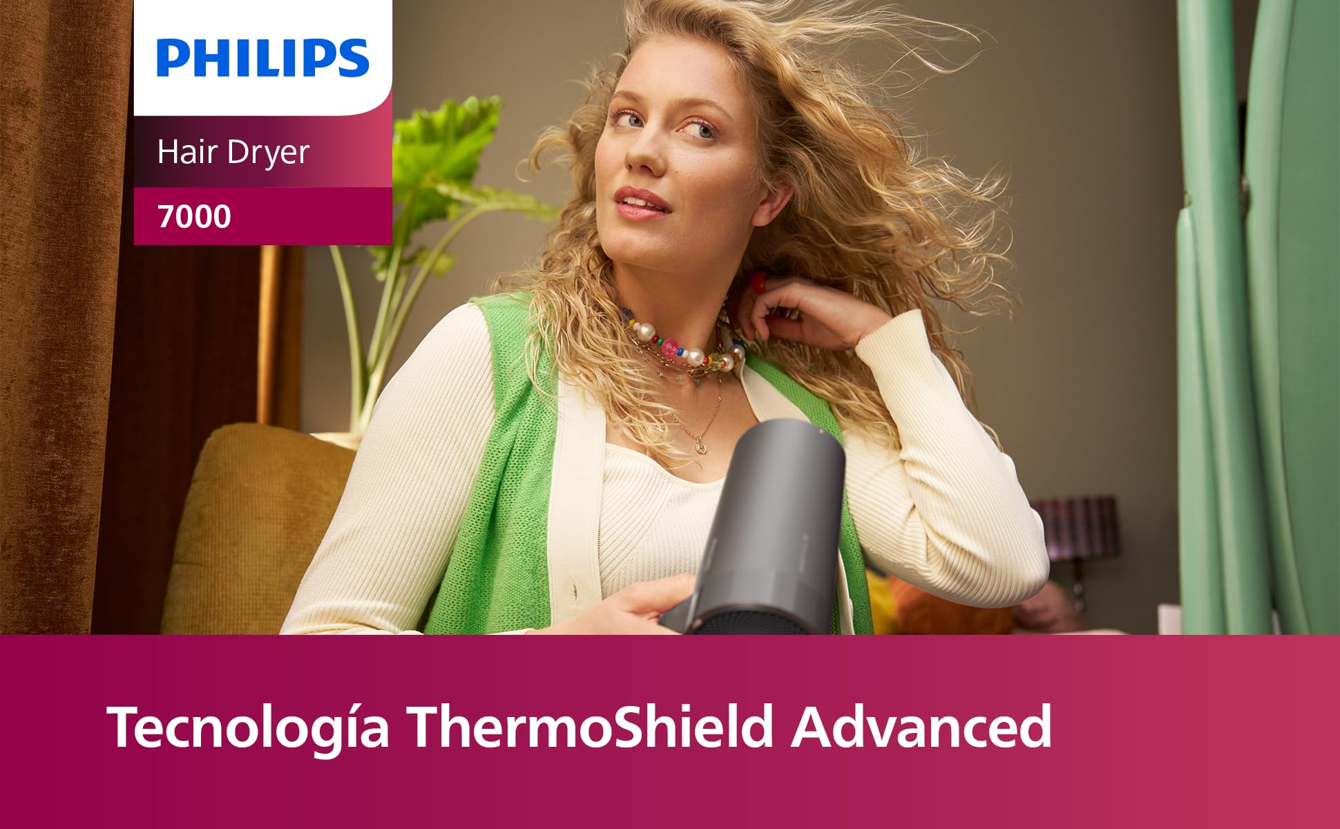 Philips Secador Serie 7000, Seca y Moldea Fácilmente, Tecnología ThermoShield Advanced que Protege de daños por calor, iones Minerales, con Boquilla y Difusor, 1800 W (modelo BHD713/10)