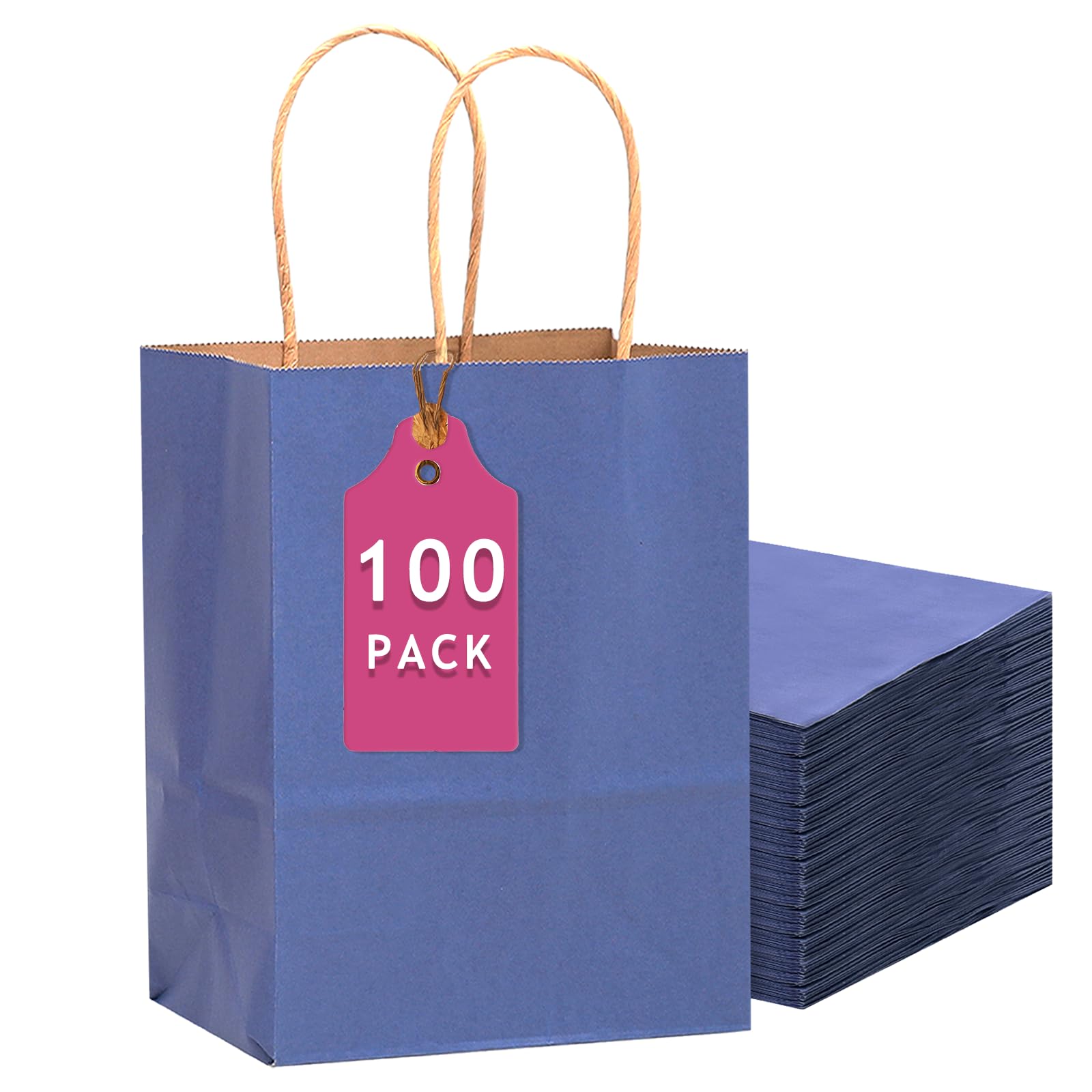 Qiqee 100PCS Gift Bag RRF12 With Handles Bulk Kraft Deep Blue Paper Bags Multiple Uses 11 X5 X8 Inch Medium Size