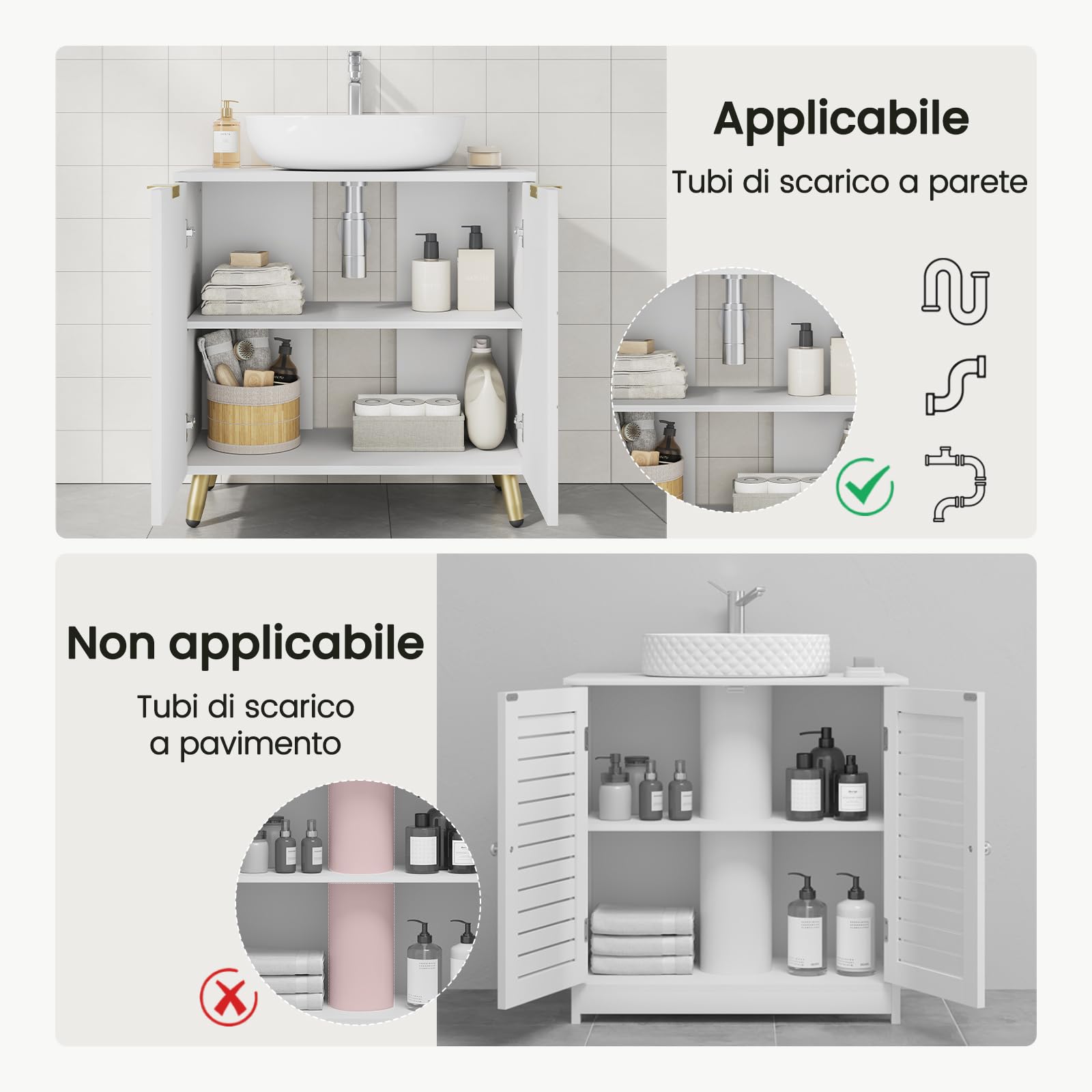 EUGAD Mobile Sottolavabo per Bagno, Armadietto Sotto Lavandino da Terra a 2 Ante, Mobiletto Copricolonna in Legno, con Ripiano Regolabile e Foro per Sifone, Bianco Lucido, 60x30x60cm