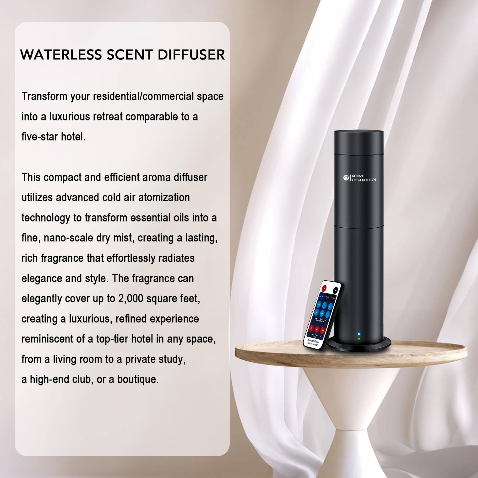 Difusor de aroma sin agua para hotel, difusor de aceite esencial con 6 aromas de hotel, aromaterapia, nebulizante, sin bloqueo, difusor de botella de aceite cubre hasta 700 pies cuadrados, máquina de