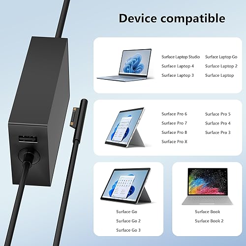 Miniatura 5 de Cargador Surface Pro de 65 W compatible con Microsoft Surface Pro 9, 8, 7+, 7, 6, 5, 4, 3, X, 10, Surface Book 3, 2, 1, Surface Go 3, 2, Surface