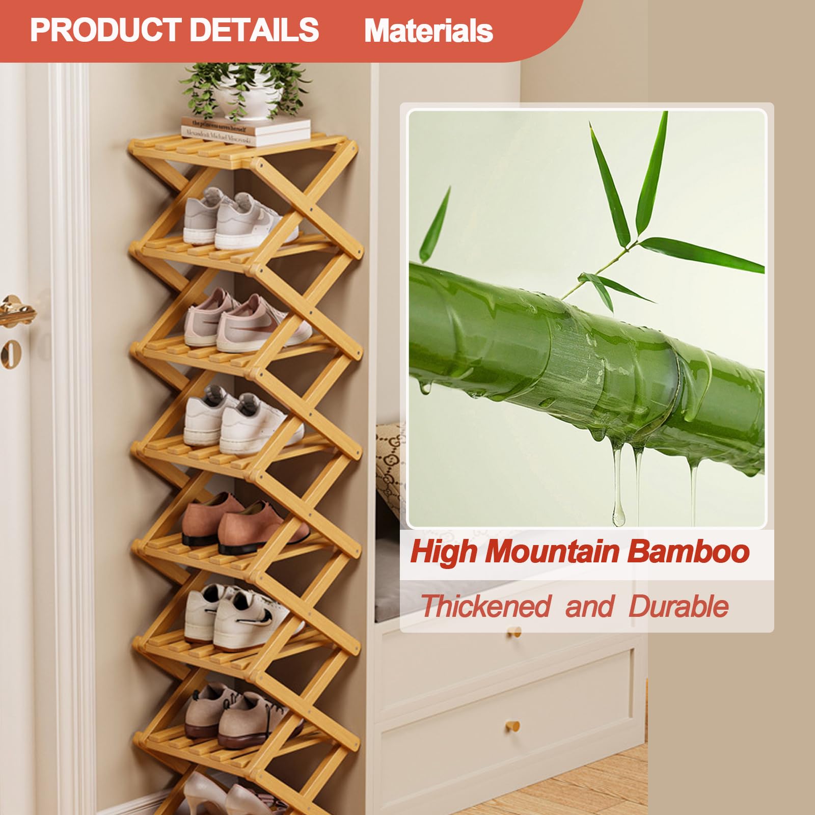 Scarpiera Pieghevole Stretta Verticale Salvaspazio Organizer In Bambù Struttura Stabile Scarpiera Angolare Pieghevole Senza Montaggio Per Piccoli Appartamenti Bagno Brown 8-tier