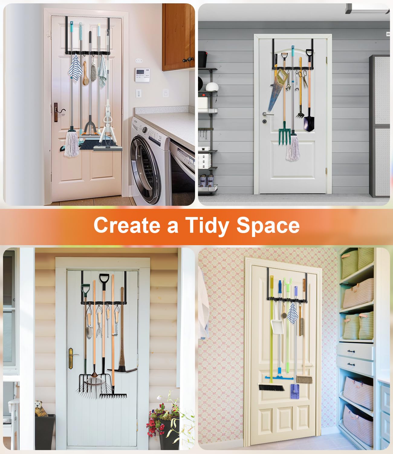 Broom Holder Over The Door Over Door Broom And Mop Rack Over The Door Hooks Organizer With4 Slots & 3 Hooks 1 Storage Basket For Laundry Room, Garage - View #7
