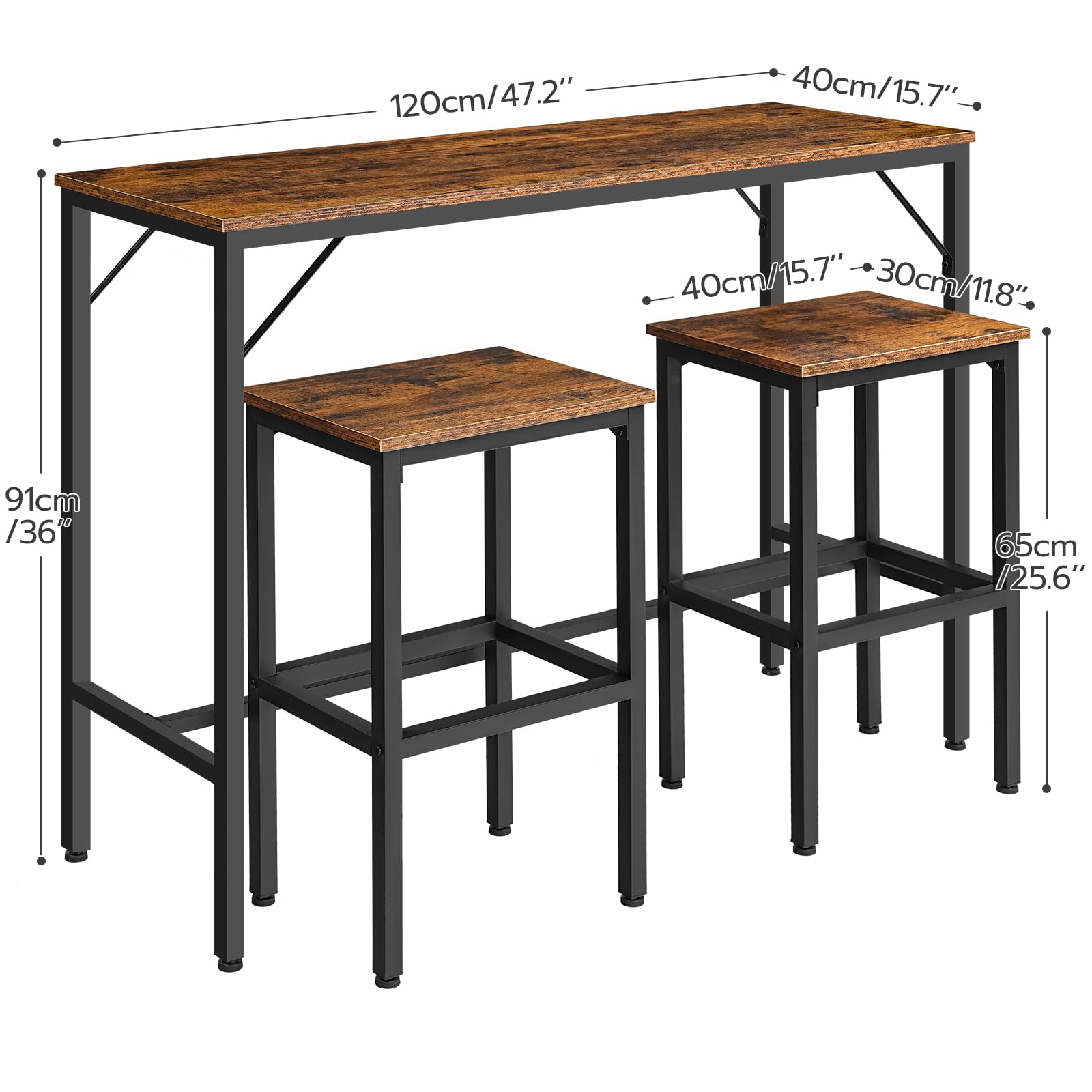 HOOBRO Juego de Mesa y 2 Taburetes de Bar, Estilo Industrial, Mesa de Comedor con 2 Asientos, 120 x 40 x 91 cm, para Sala de Estar, Cafetería, Cocina, Negro y Marrón Rústico EBF46BT01