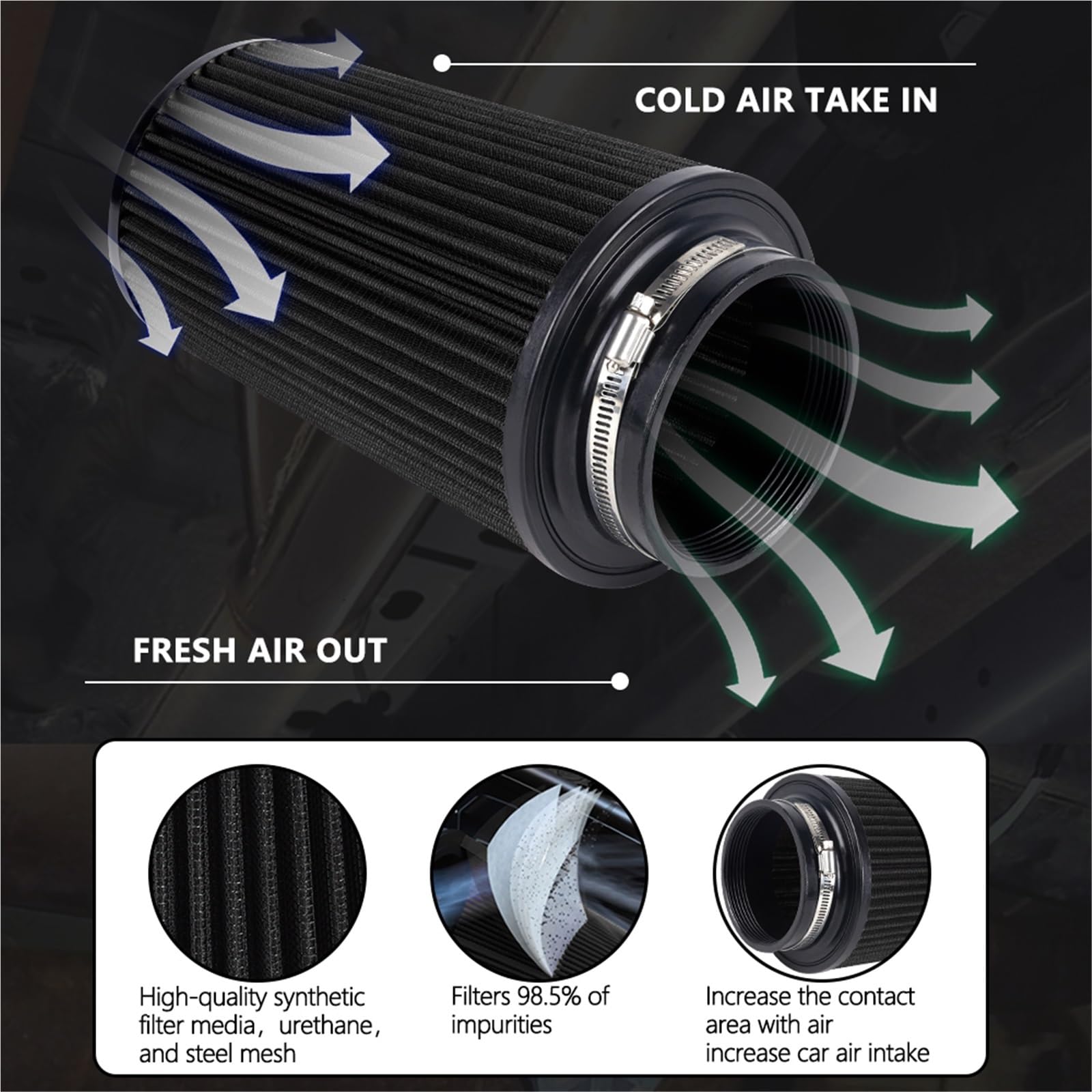 Kit filtri auto Filtro aria di aspirazione fredda ad alto flusso per auto da corsa RASTP-3", 3,5", 4", tre misure, filtri conici lavabili, altezza Filtro aria condizionata(Red)