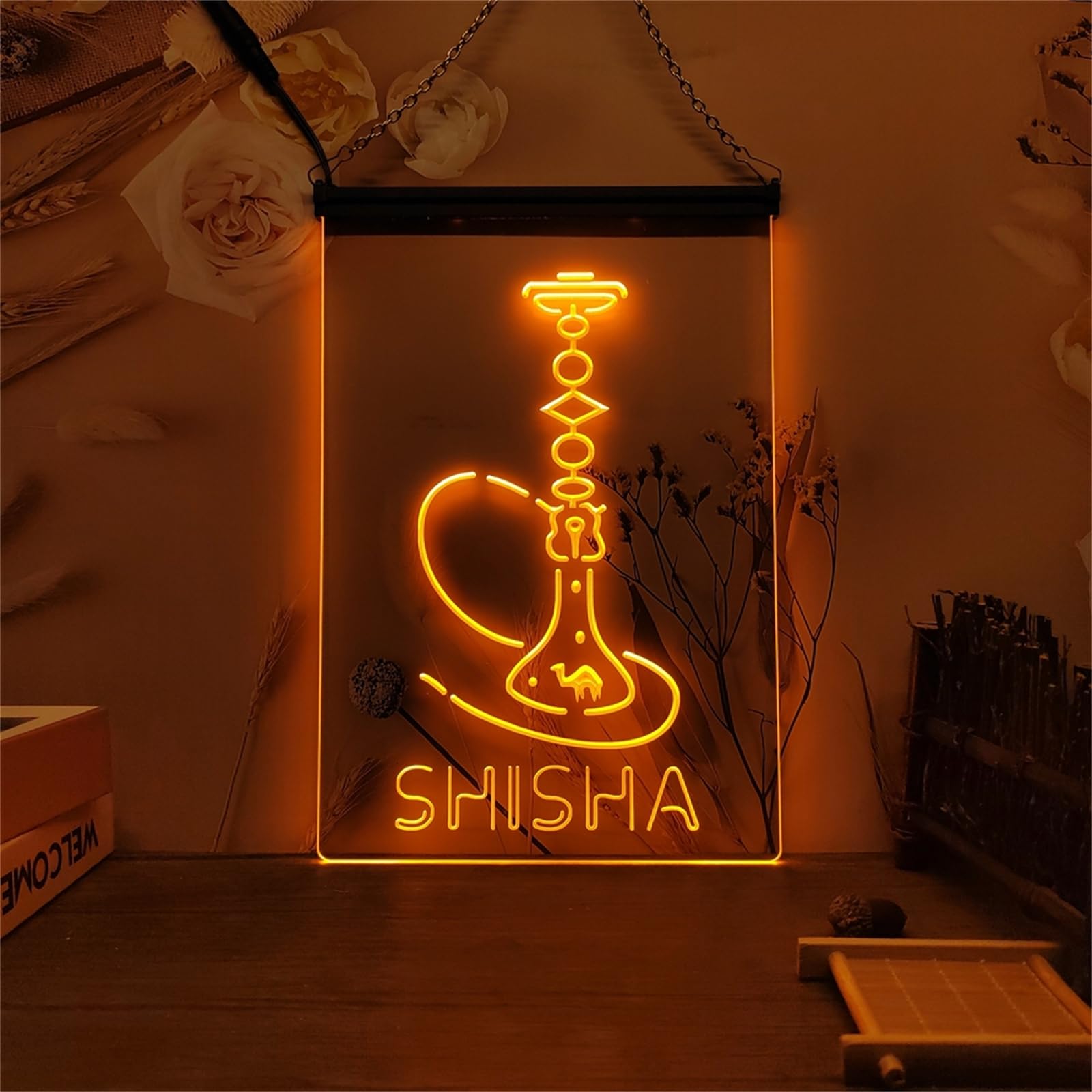 REWIS Shisha Shop LED Neon Sign, Hookah Bar LED Neon Lights Wall Hanging Luminous Decor USB Powerd with Dimmer,Orange,20x30cm