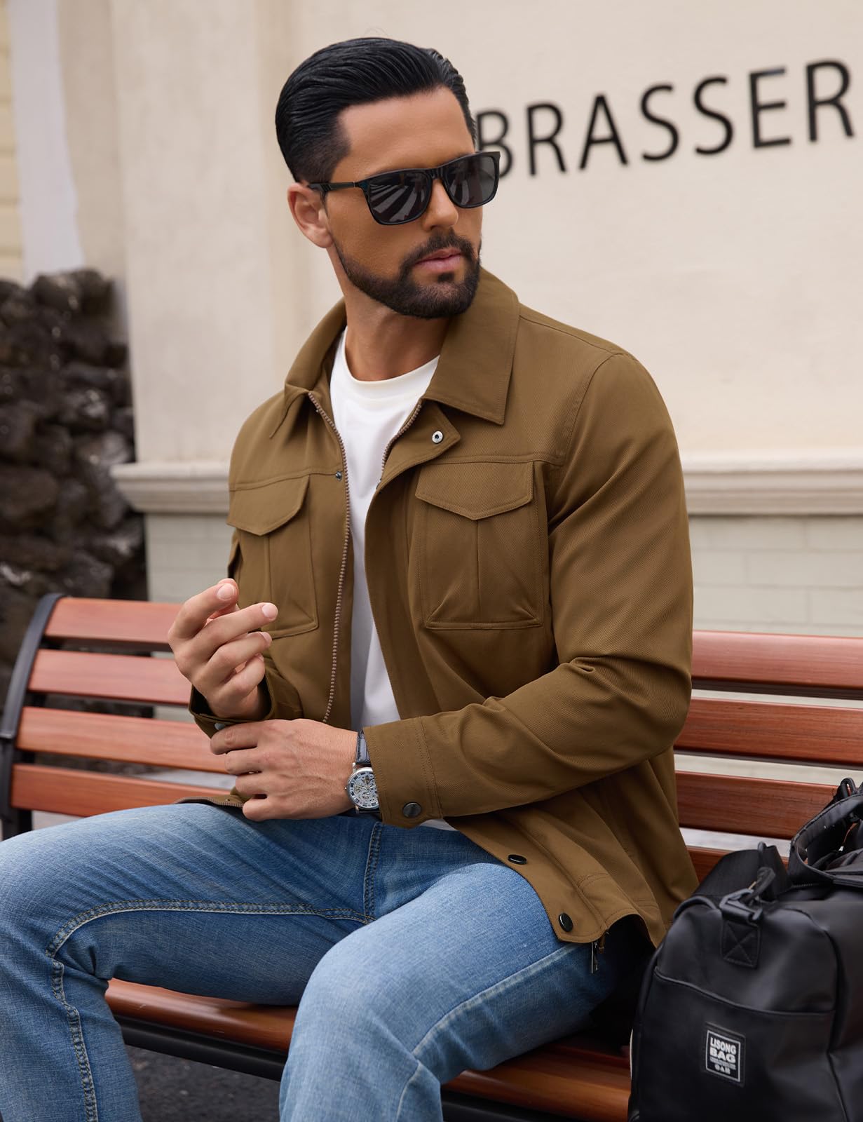 TOMEEK Chaqueta Hombre Entretiempo Casual Impermeable Botón Chaqueta de Aviador Cargo Clásico Primavera Verano Cazadora Ligera con Múltiples Bolsillos
