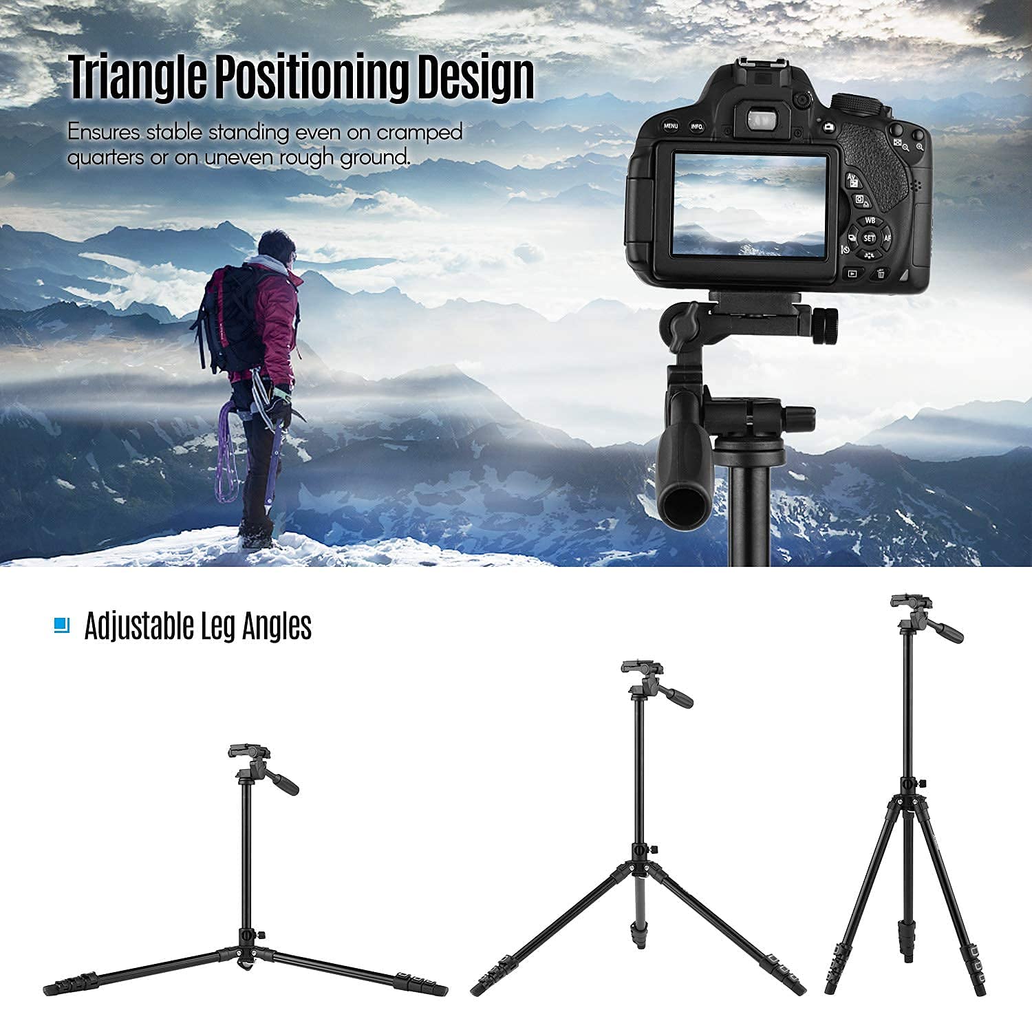 Andoer Q160HA profesjonalny statyw wideo poziomy montaż wytrzymały statyw do kamery z 3-drożną głowicą i pochyloną głowicą do kamer DSLR mini projektor kompatybilny z Canon Nikon Sony