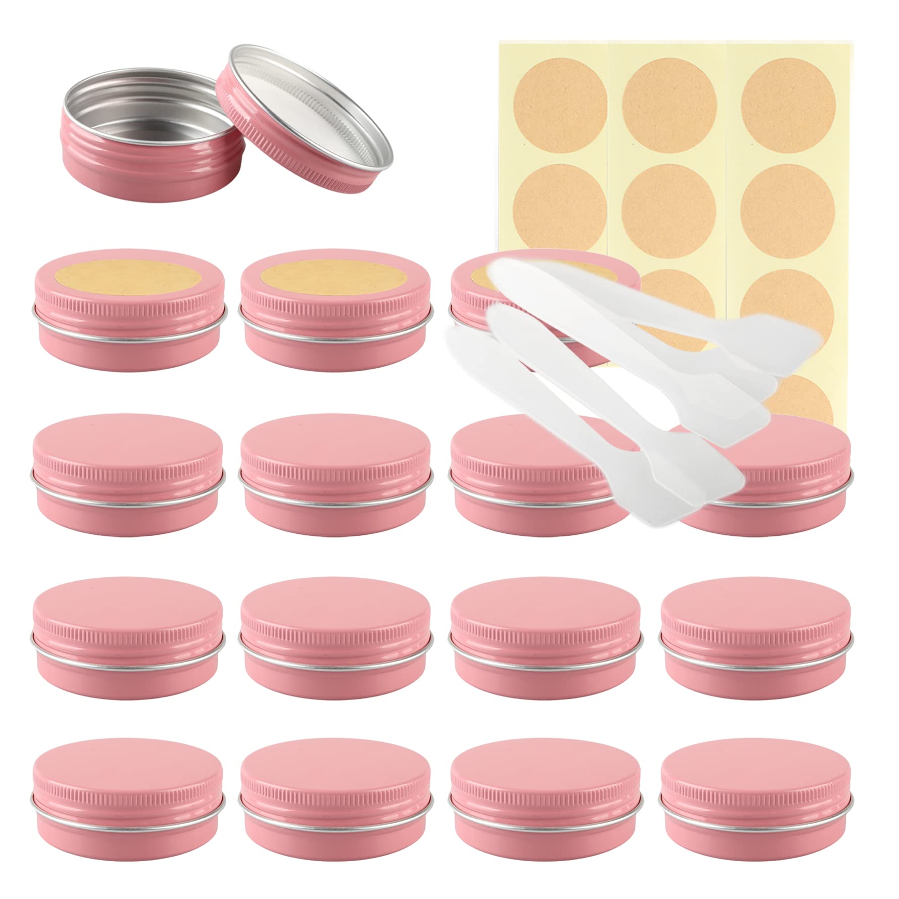 LusDoly Pack of 30 Empty 30ml Pink Aluminium Tins with Lids - Ø52x21mm Round Aluminum Screw Pots Travel Round Cosmetic Cream Container Jars for Candle Lip Balm, Salve with Spatulas & Labels